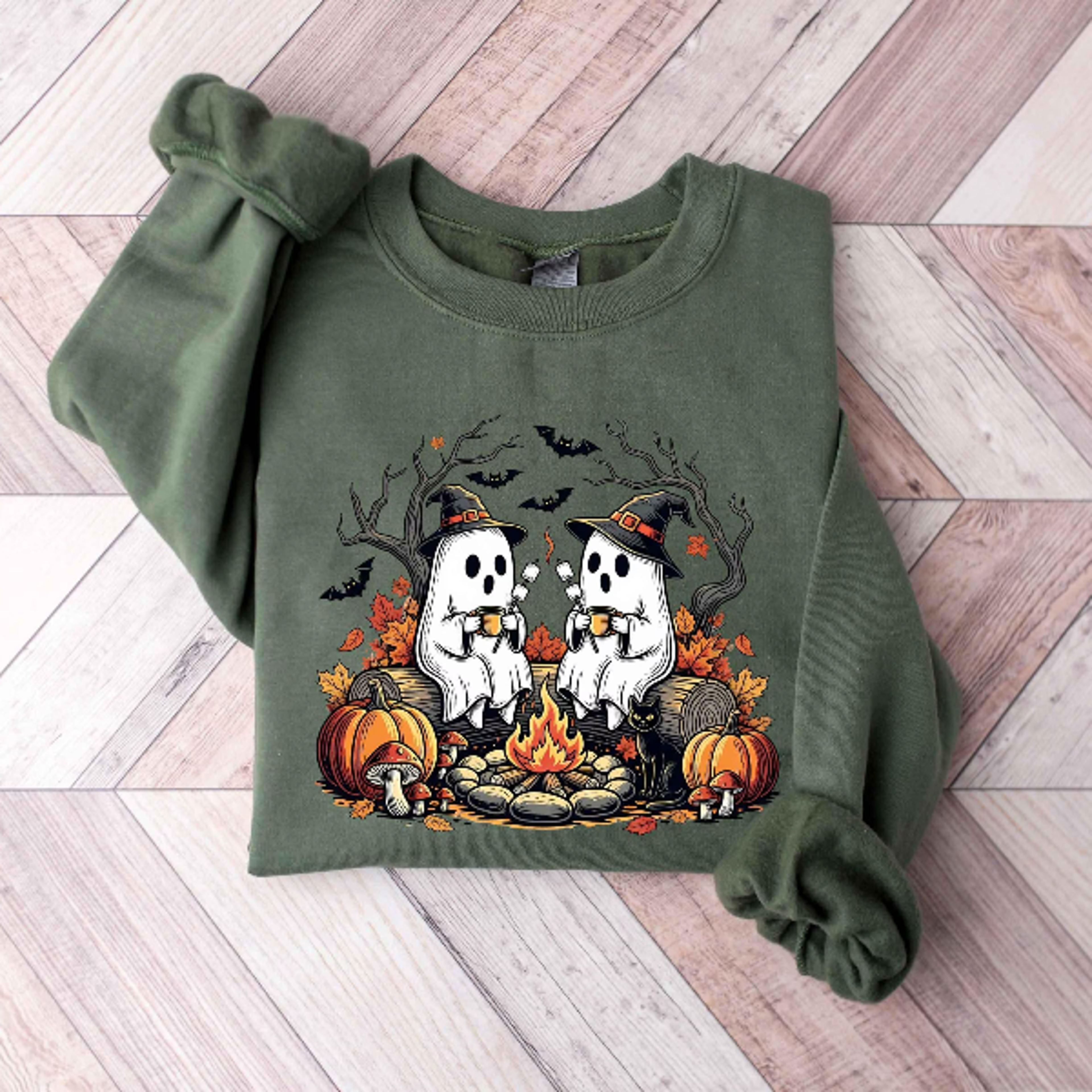 Cute Ghost Camping Sweatshirt Spooky Campfire Halloween Crewneck 1