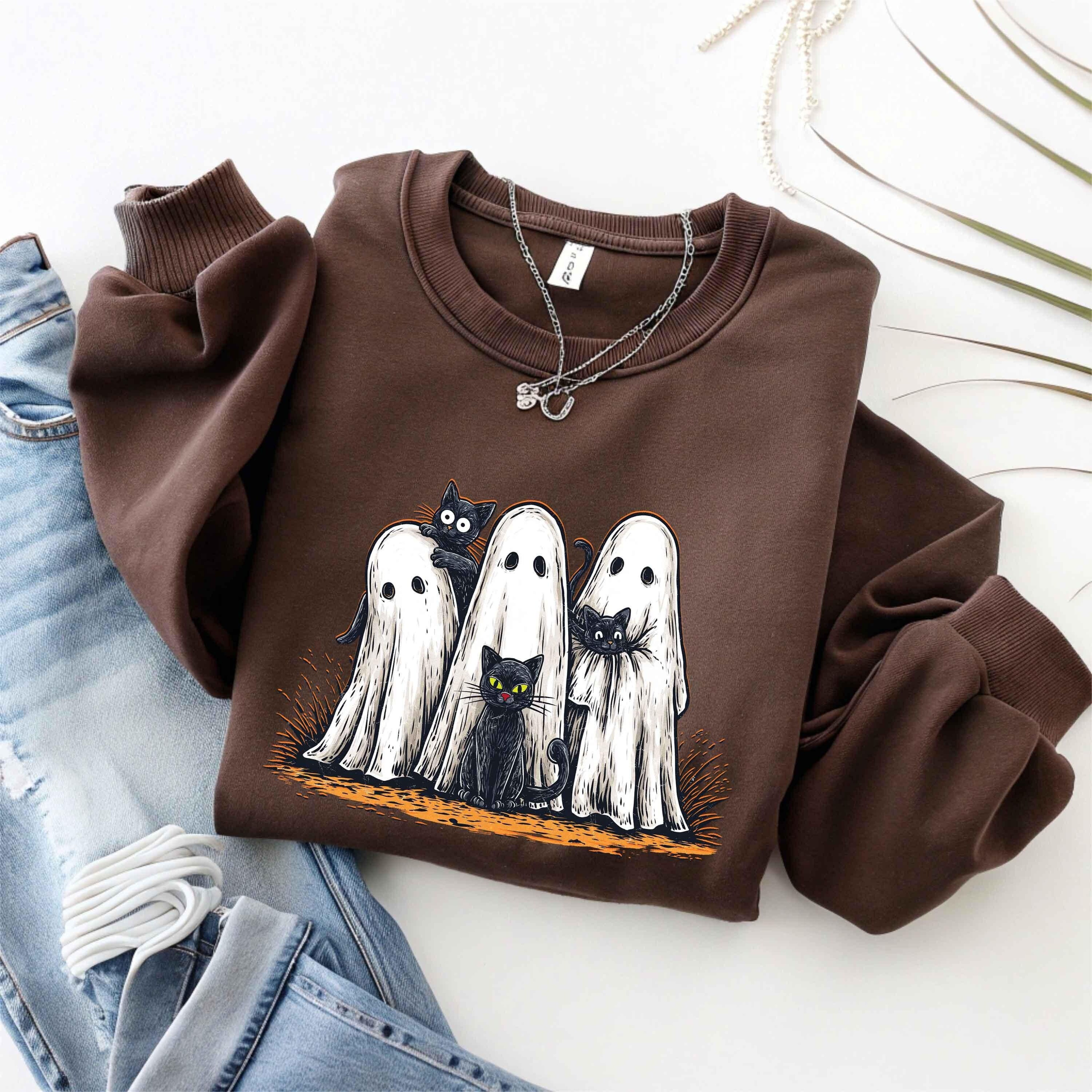 Ghost Black Cats Sweatshirt Cute Spooky Cat Halloween Crewneck 0