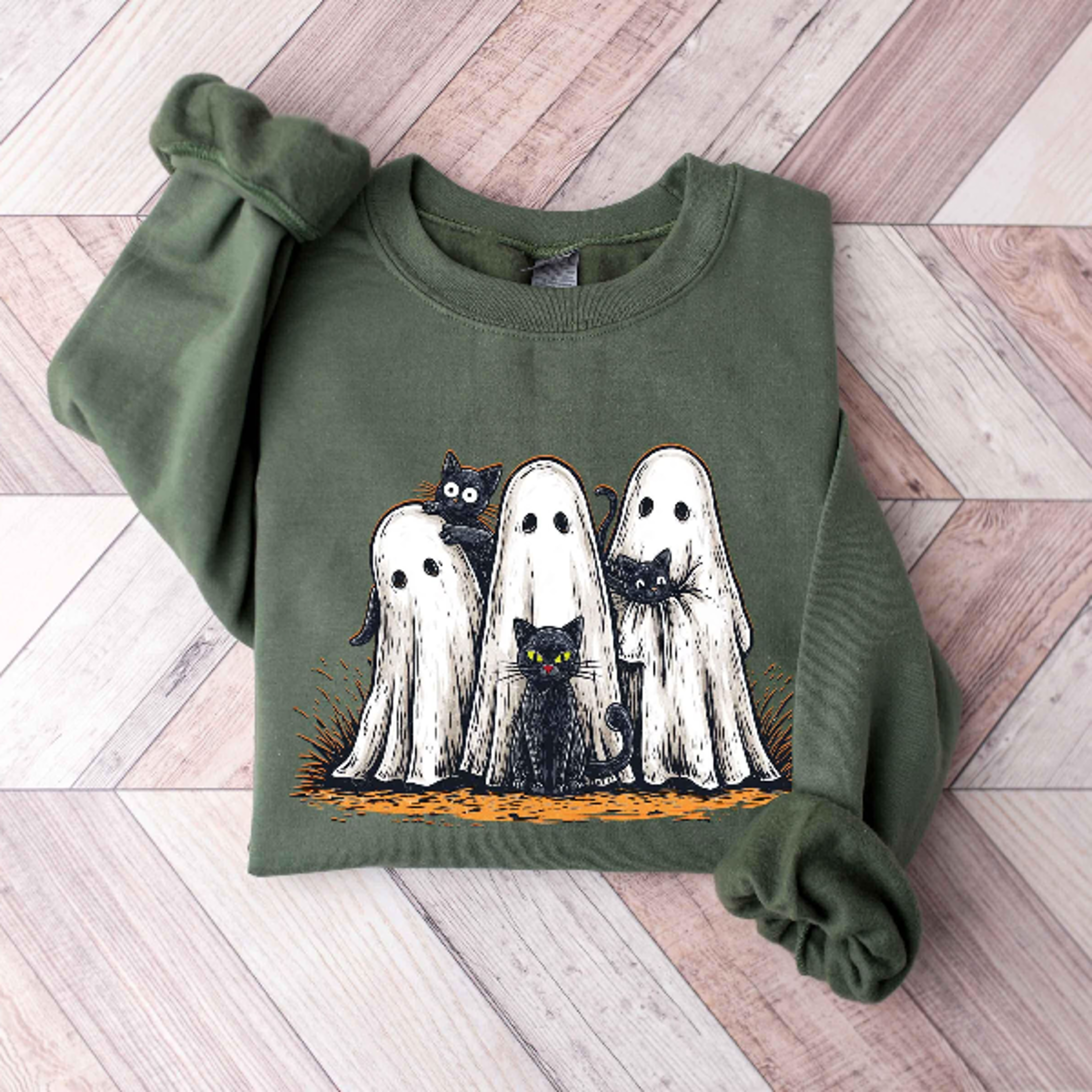 Ghost Black Cats Sweatshirt Cute Spooky Cat Halloween Crewneck 4