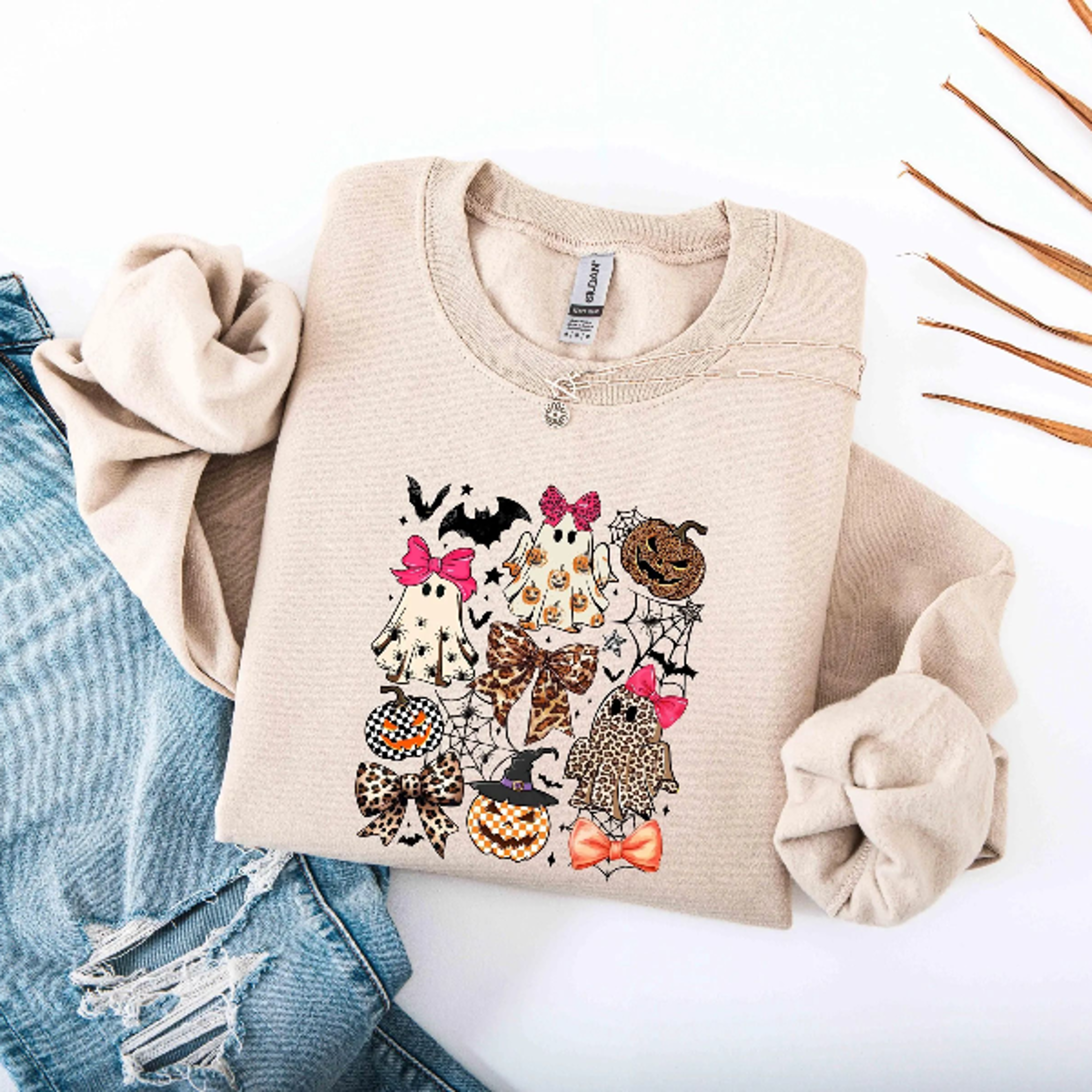 Halloween Ghost Sweatshirt Cute Ribbon Spooky Season Hoodie Tee 1