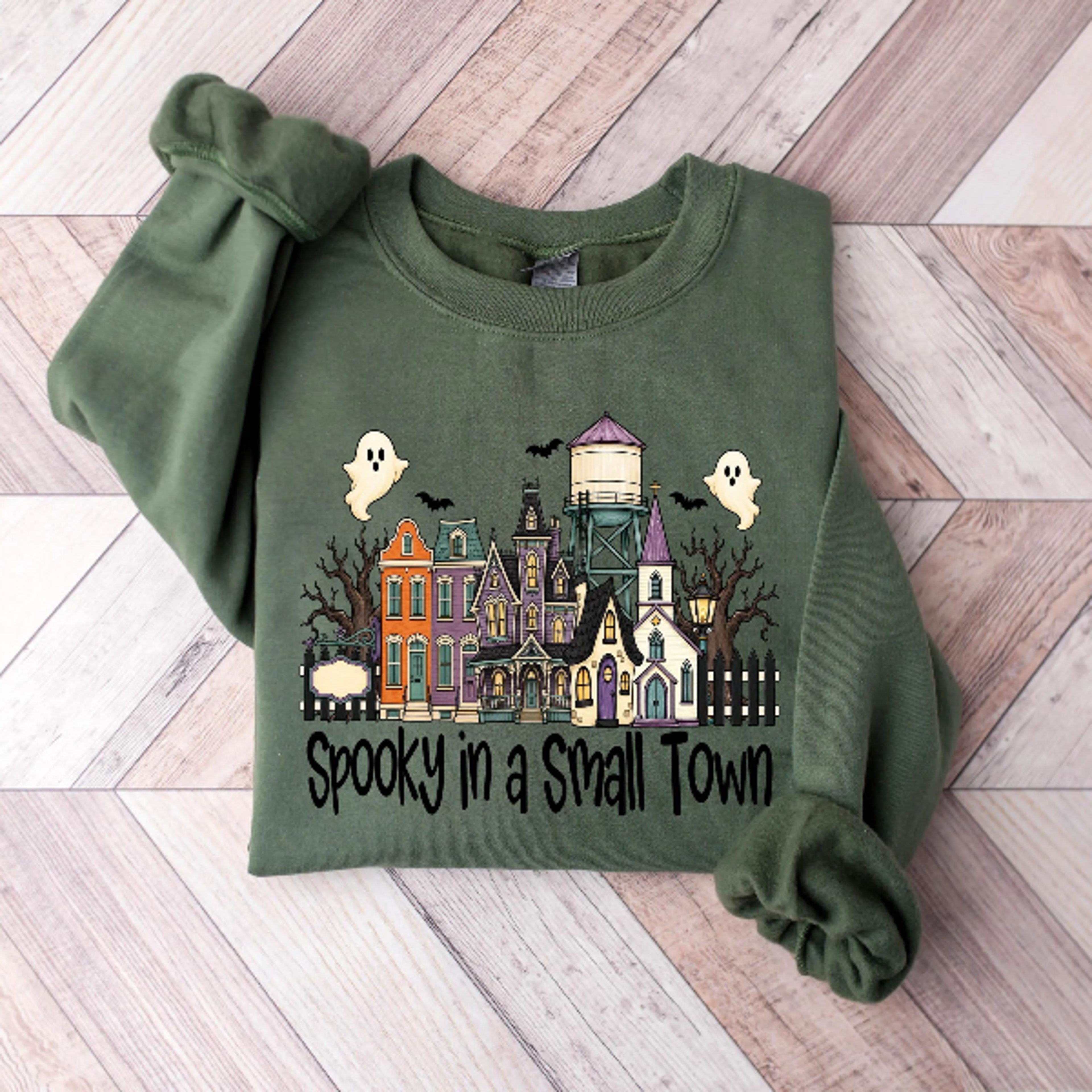 Spooky In A Small Town Sweatshirt Haunted Village Vintage Fall Crewneck 1
