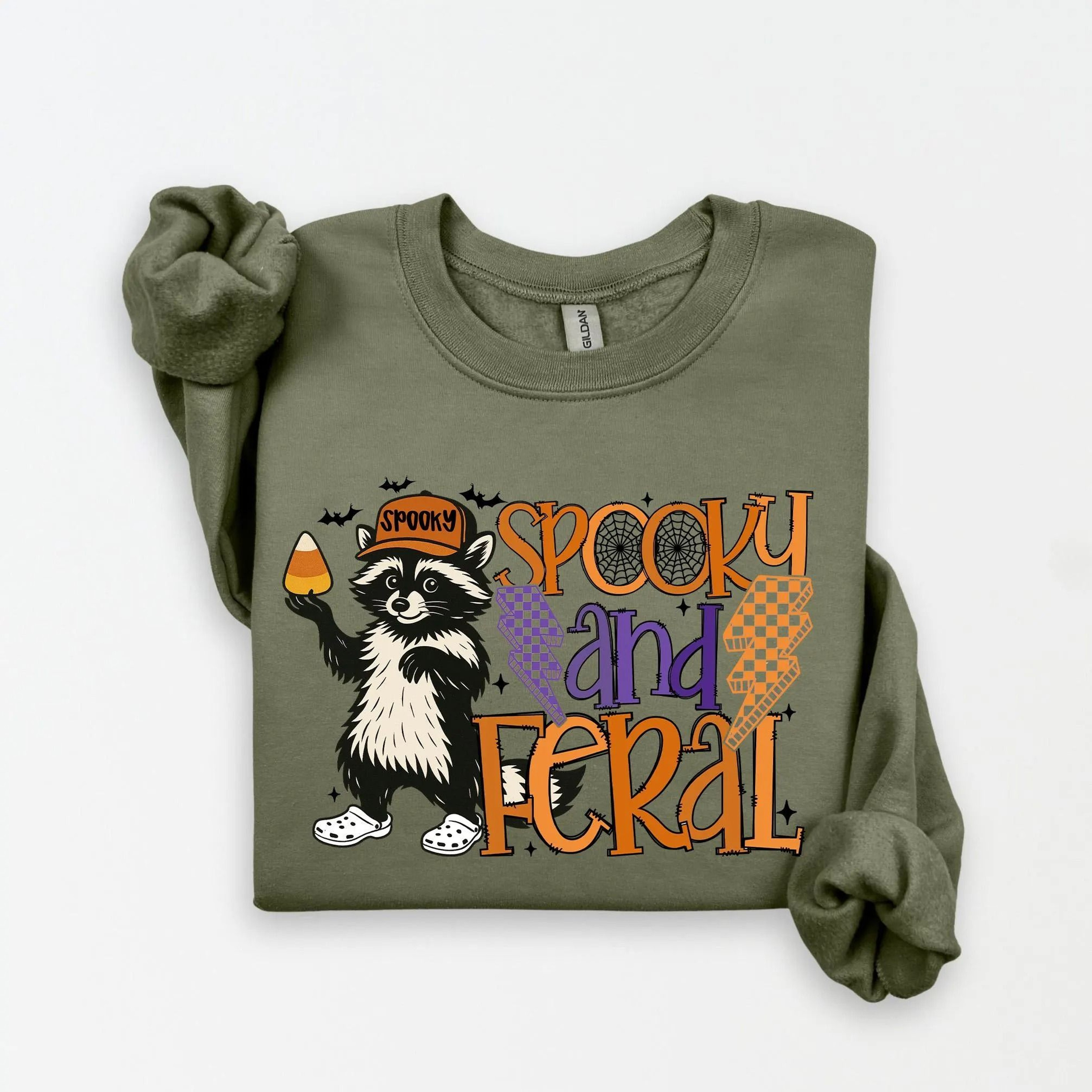 Spooky And Feral Raccoon Sweatshirt Funny Halloween Girl Crewneck 1