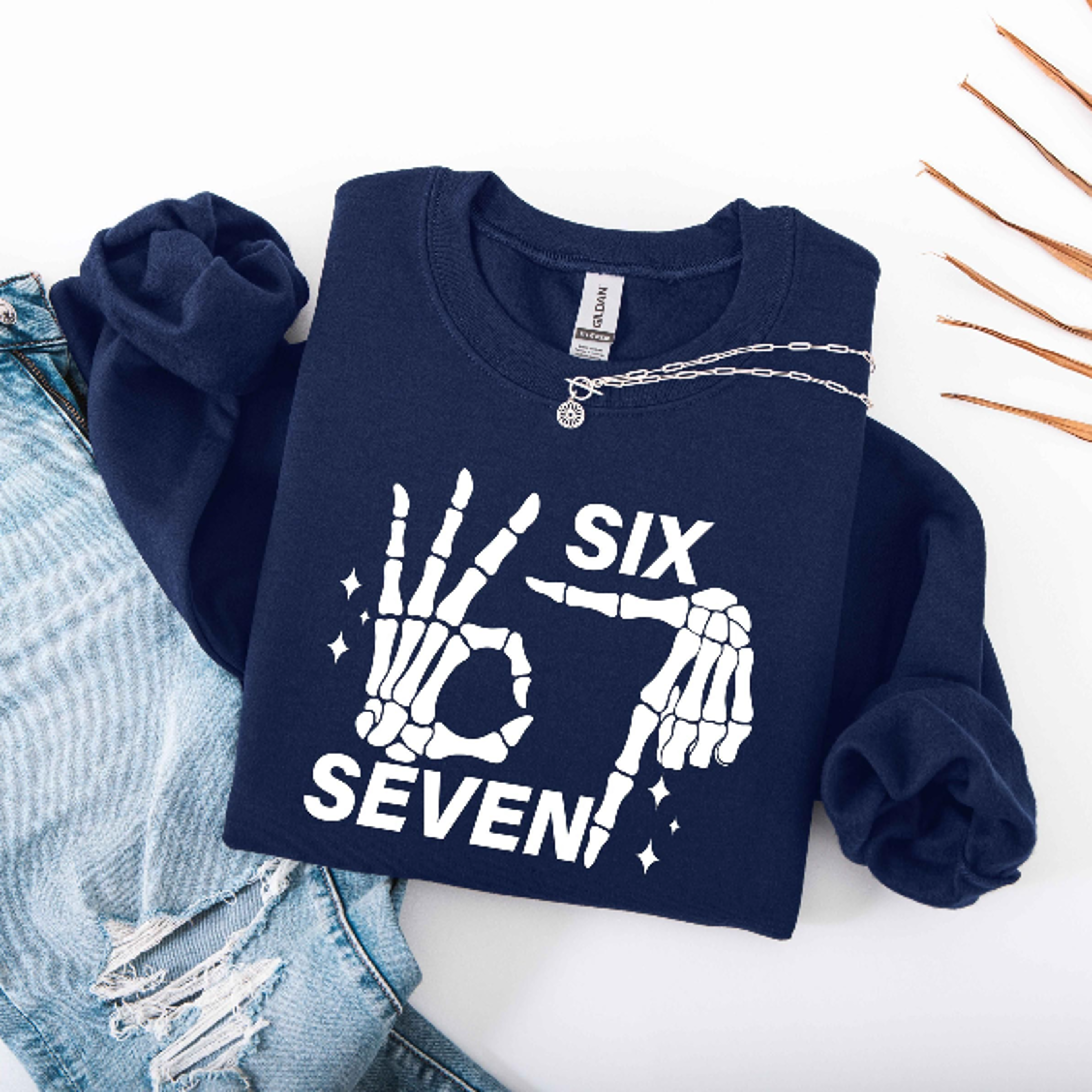 6 7 Meme Sweatshirt Funny Skeleton Hands Couples Halloween Tee 2