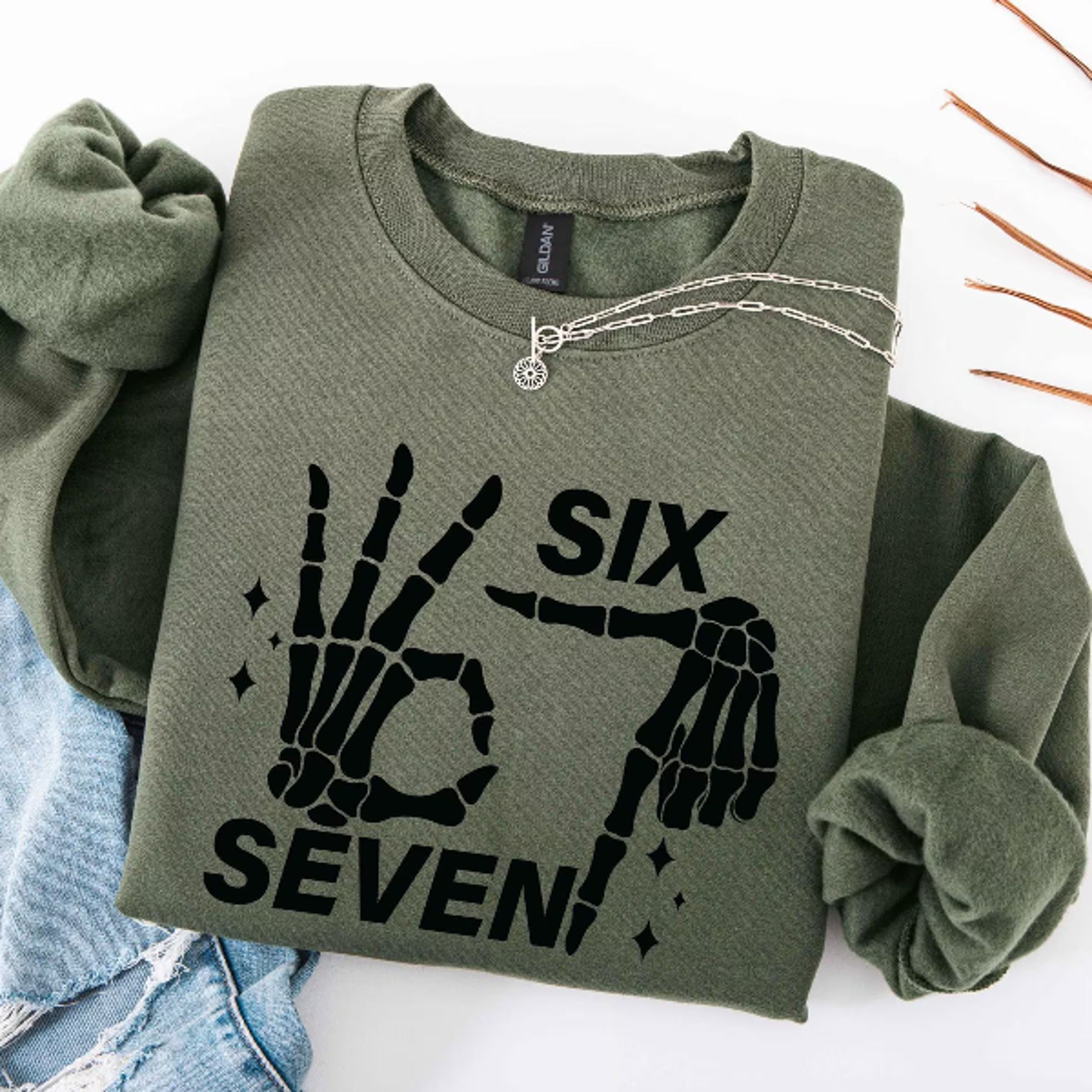6 7 Meme Sweatshirt Funny Skeleton Hands Couples Halloween Tee 4