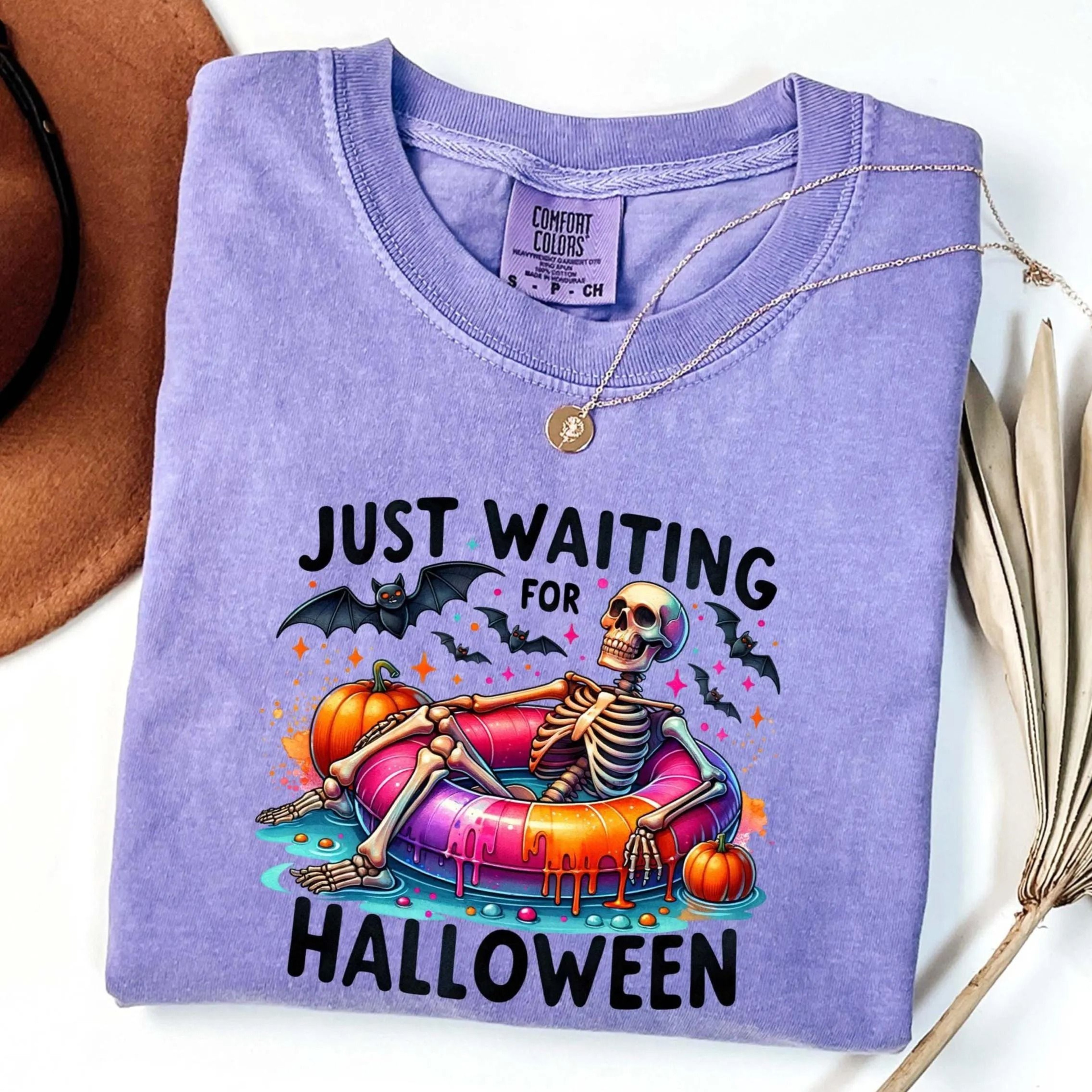 Just Waiting For Halloween Shirt Funny Skeleton Spooky Season Tee 0