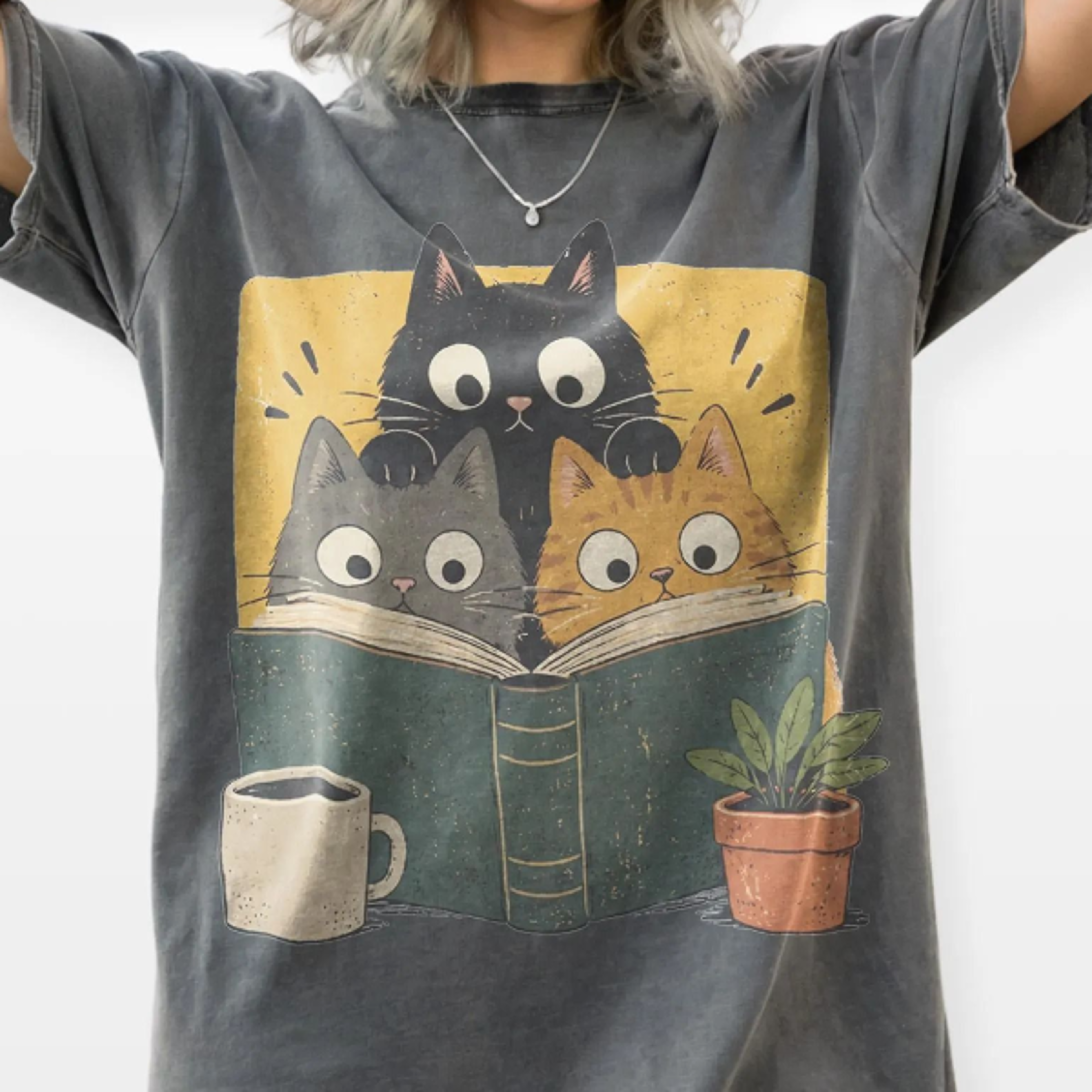 Retro Curious Reading Cats Graphic Tee Book Lover Cat Shirt Cozy Cottagecore Vintage 2