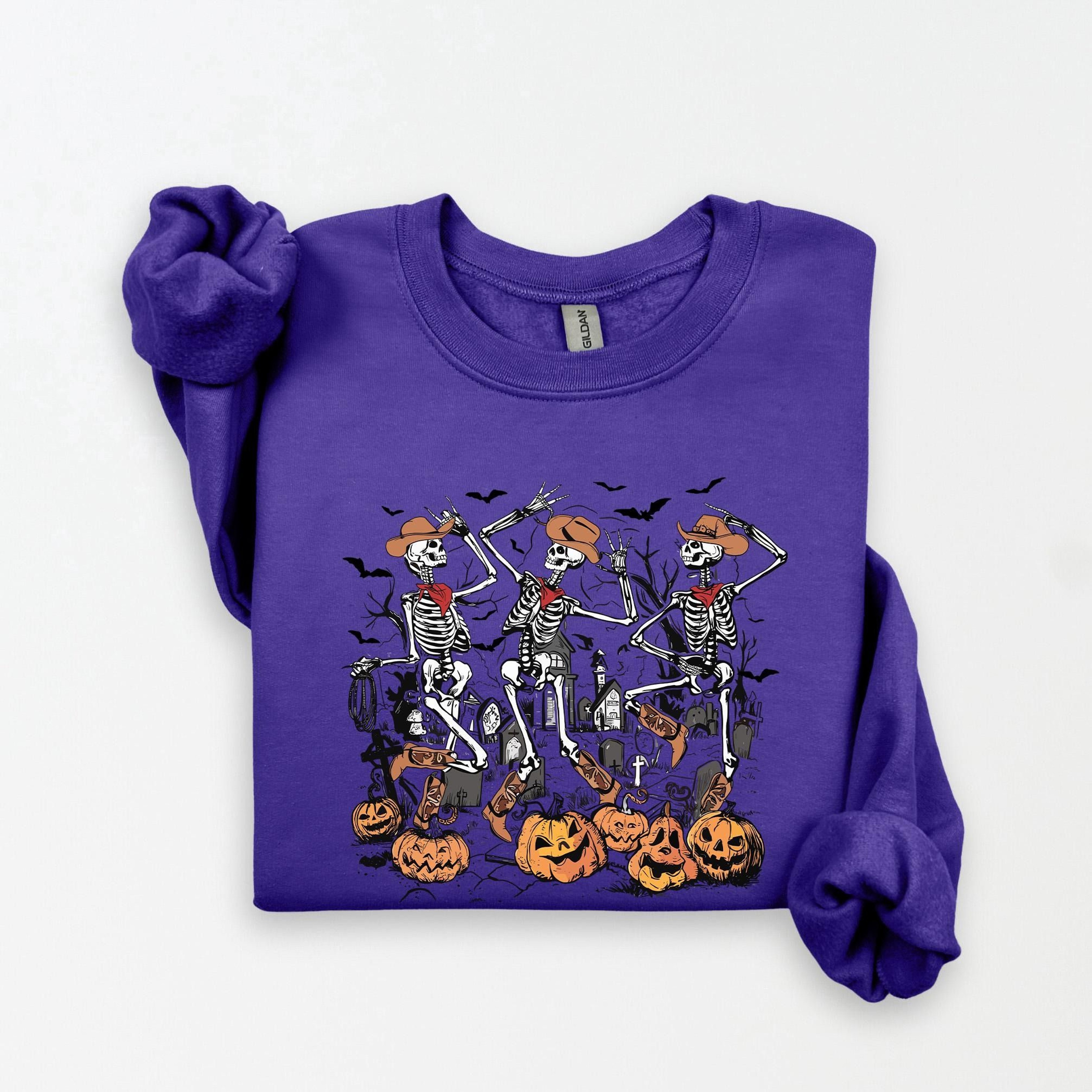 Dancing Skeleton Cowboy Sweatshirt Western Halloween Cow Crewneck 1