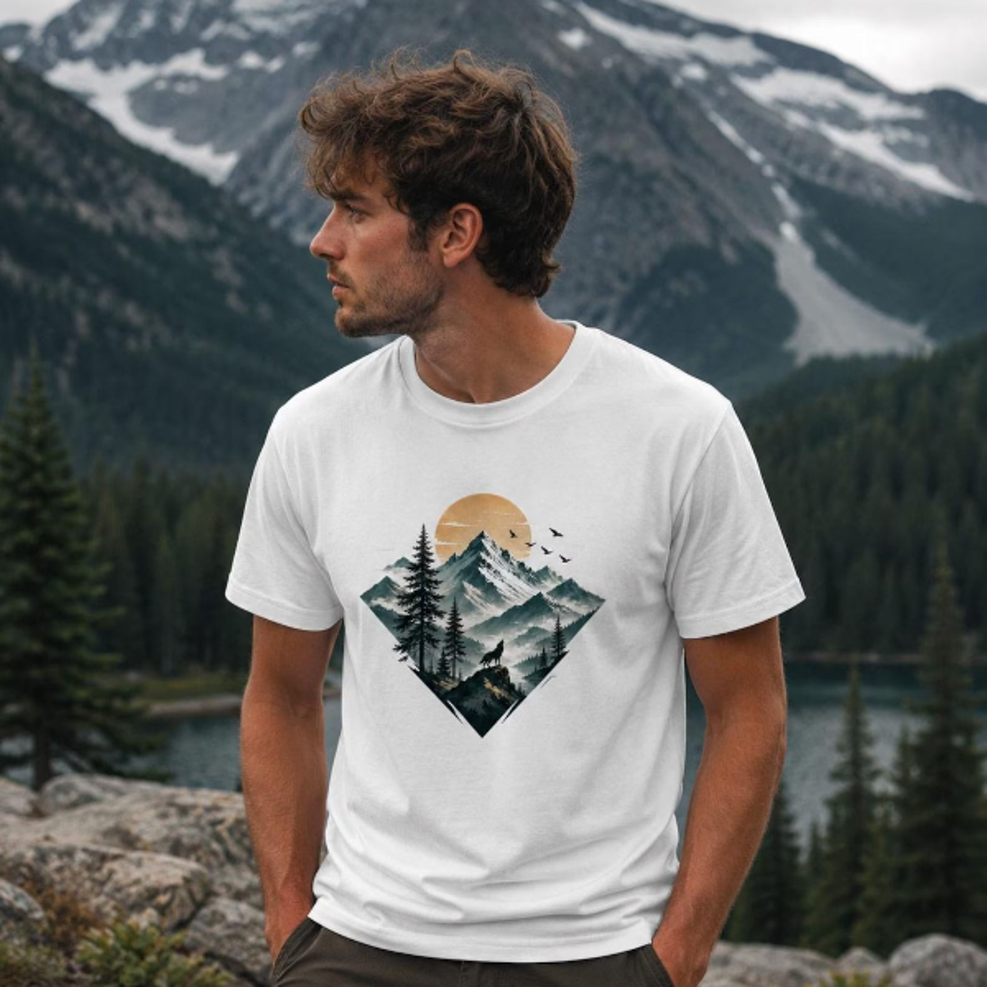 Mens Tshirt With Wolf And Mountain Graphic Nature Motif Heavy Cotton Tee For Outdoor 0
