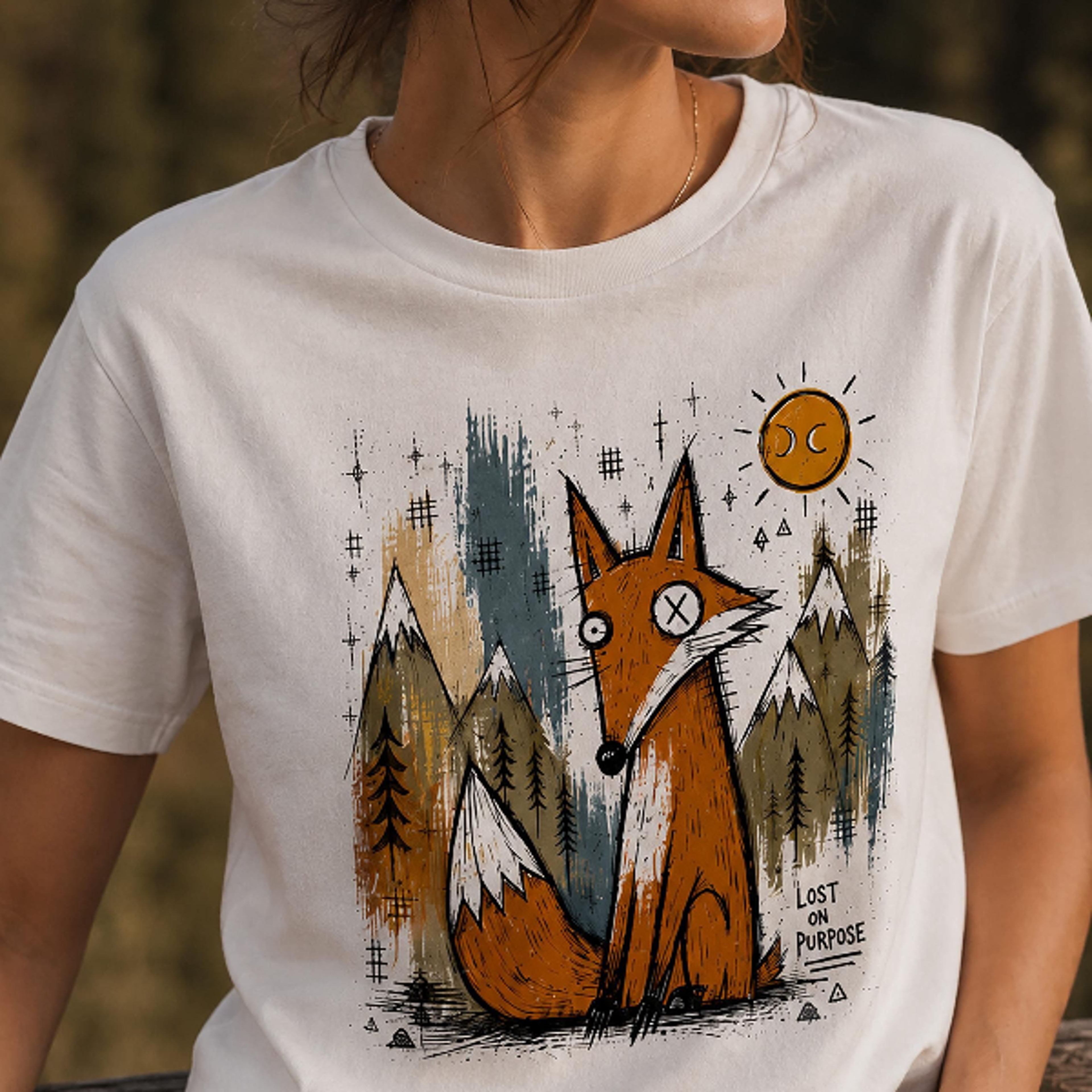 Womens Tshirt With Fox Print White Boxy Crop Tee Organic Cotton Abstract Grunge Mountain Shirt 2