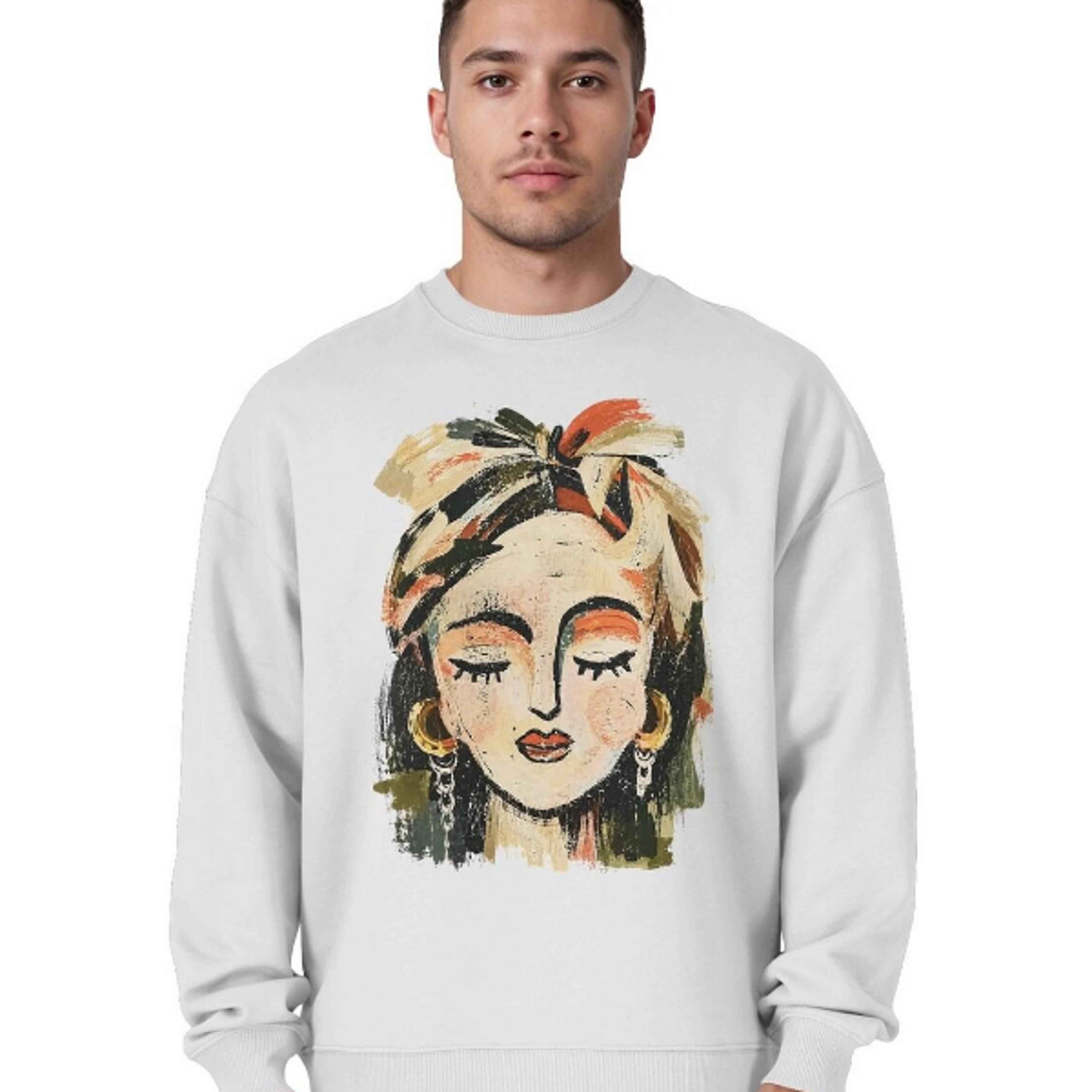 Womens Sweater With Art Portrait Print Organic Cotton Casual Oversized Fit Sweater Abstract Boho Fr 