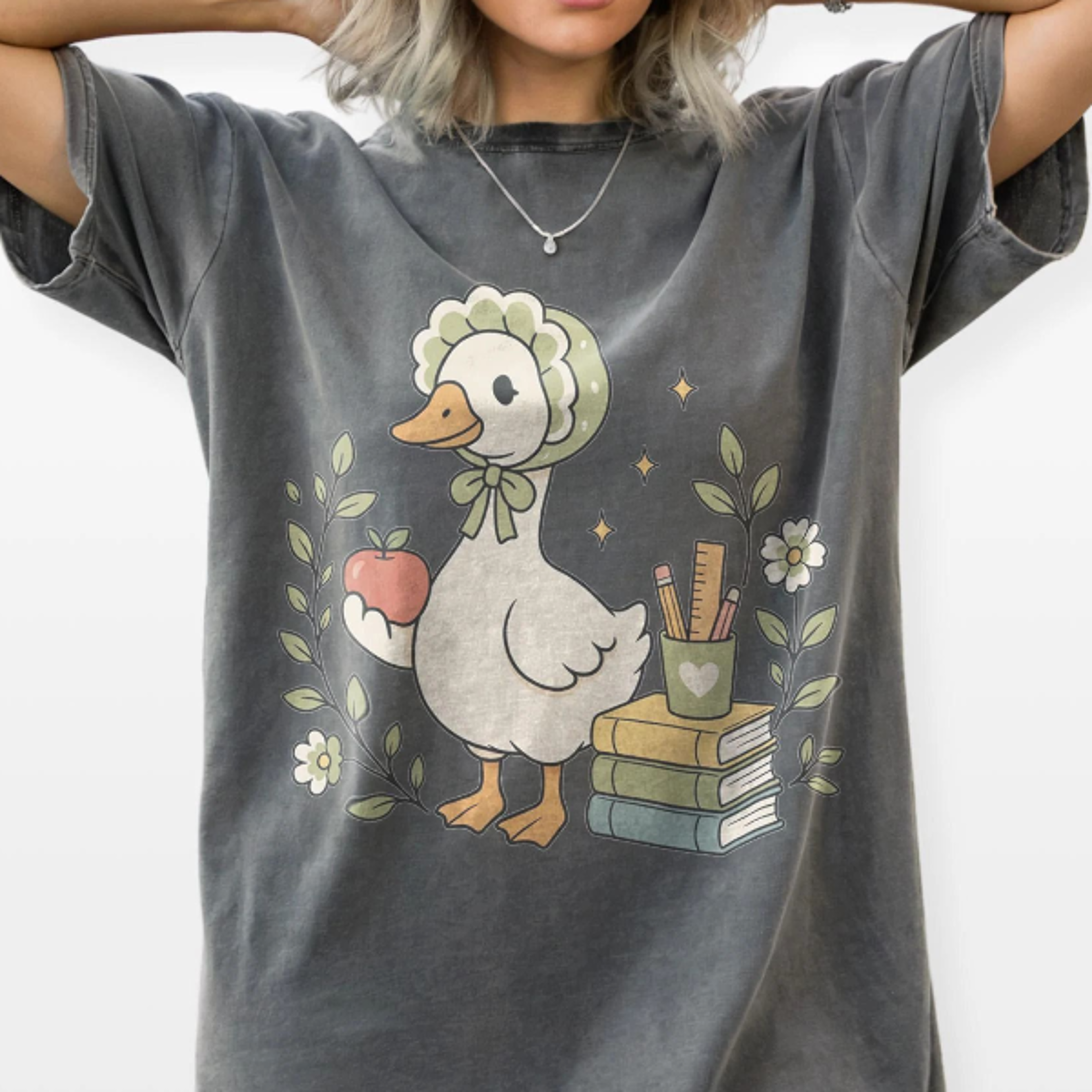 Cottagecore Goose Apple Graphic Tee Botanical Teacher Reading Lover Shirt Vintage School 1