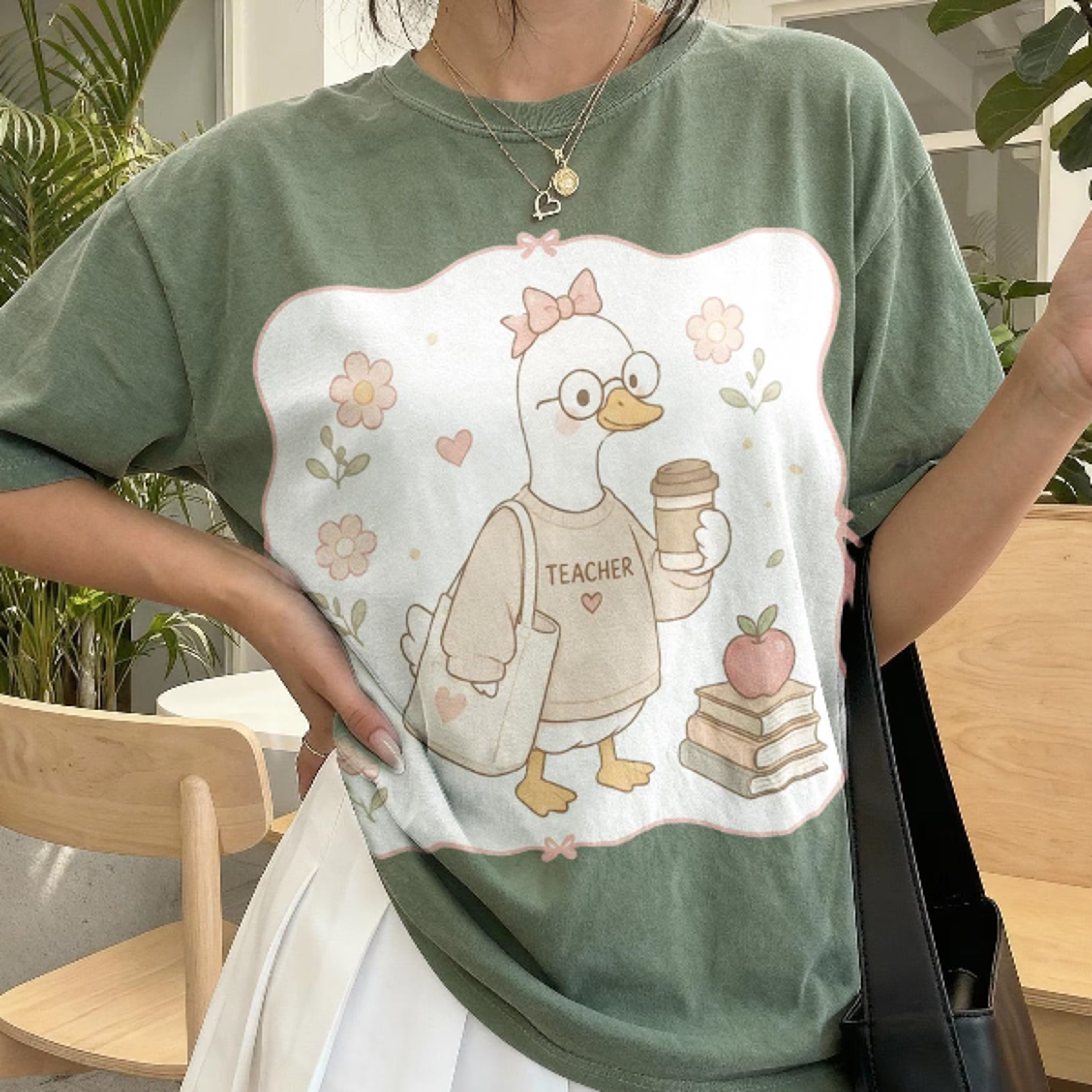 Vintage Goose Coffee Graphic Tee Floral Teacher Morning Routine Shirt Apple Books Cozy Lifestyle 1
