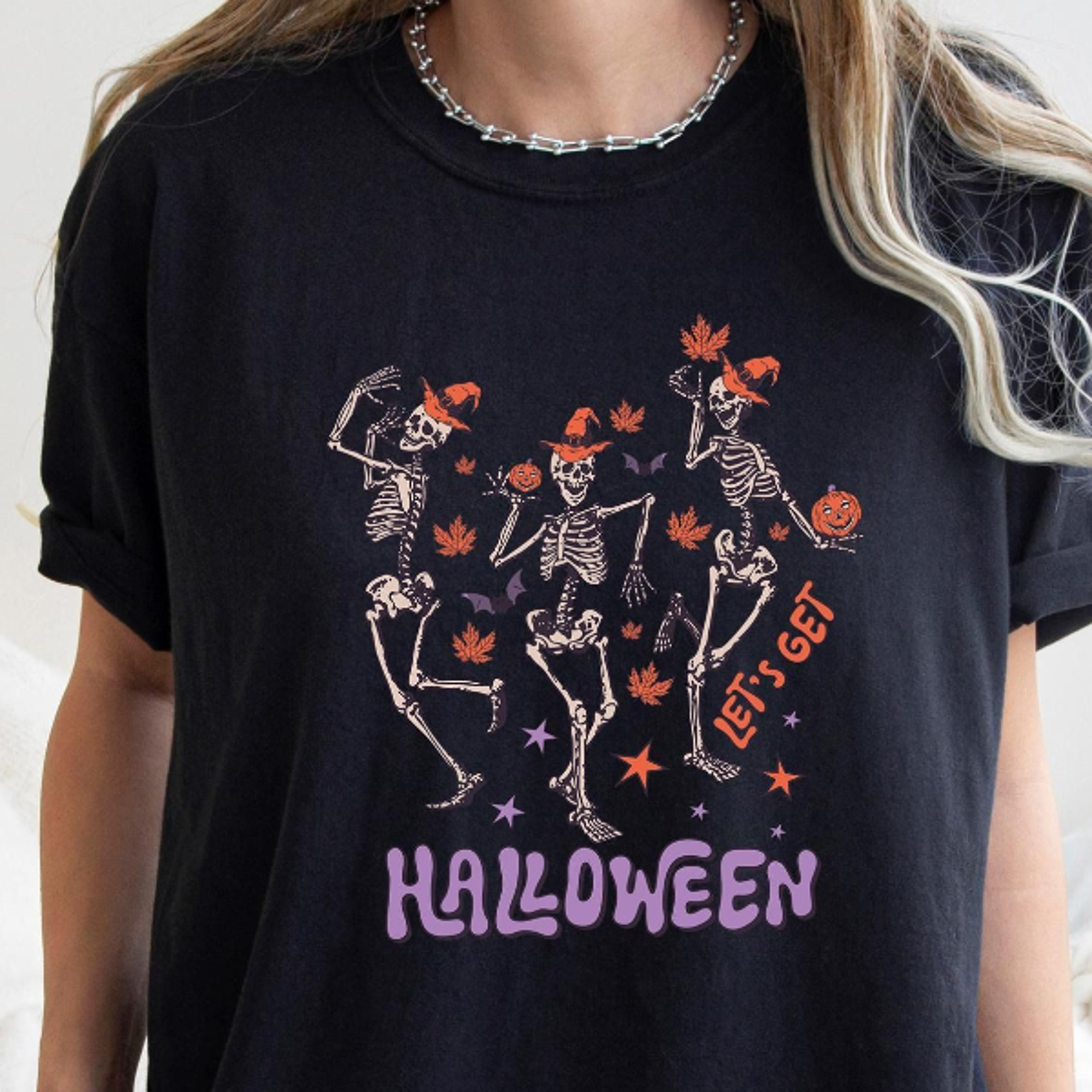 Lets Get Halloween Shirt Dancing Skeletons Retro Witch Hat Tee 1