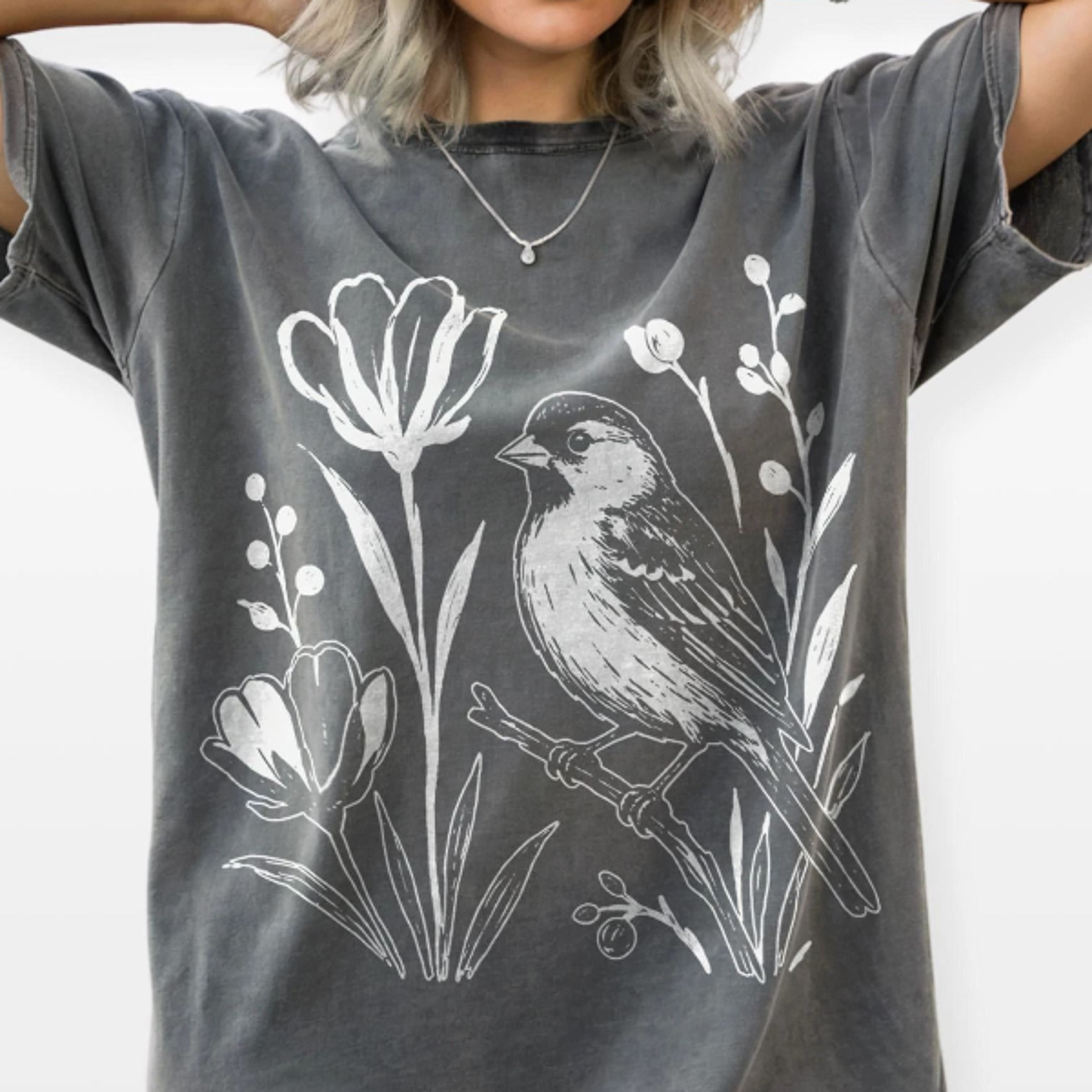 Classic Botanical Songbird Graphic Tee Wild Bird Floral Nature Shirt Cottagecore Vintage Style TopB 