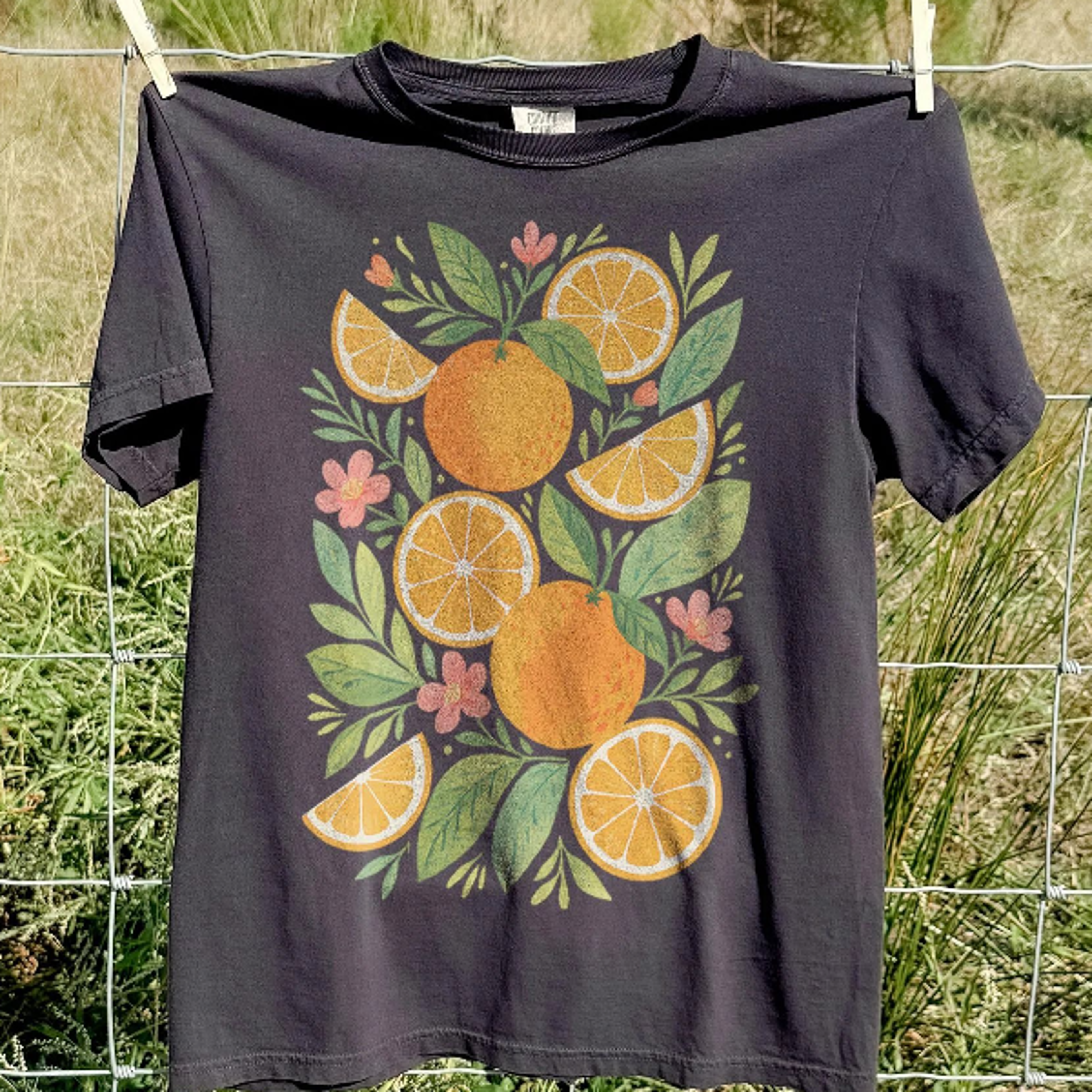 Retro Orange Botanical Graphic Tee Citrus Fruit Floral Shirt Fresh Cottagecore Vintage Style Top 0