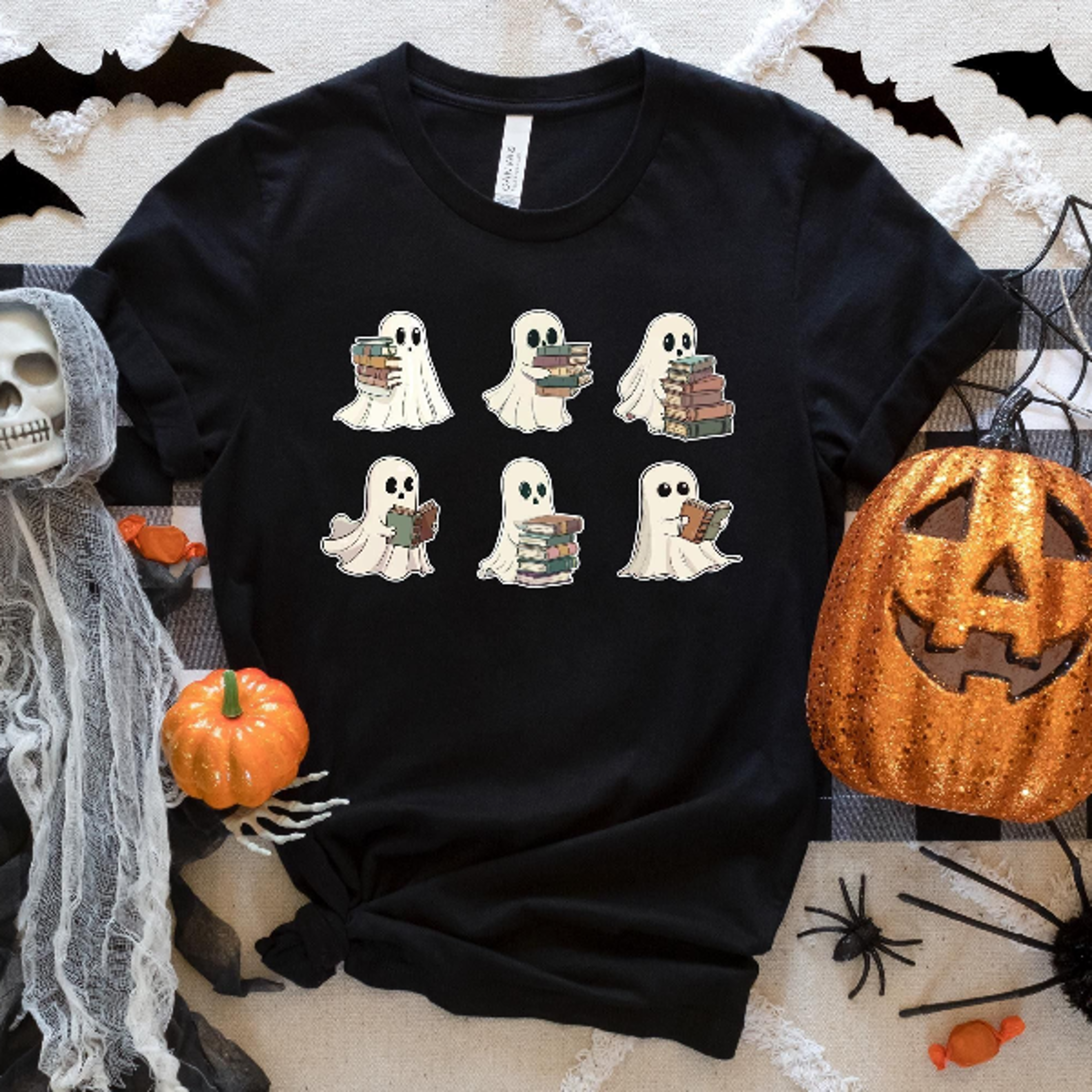 Ghosts Reading Books Shirt Cute Book Lover Spooky Season Tee 3