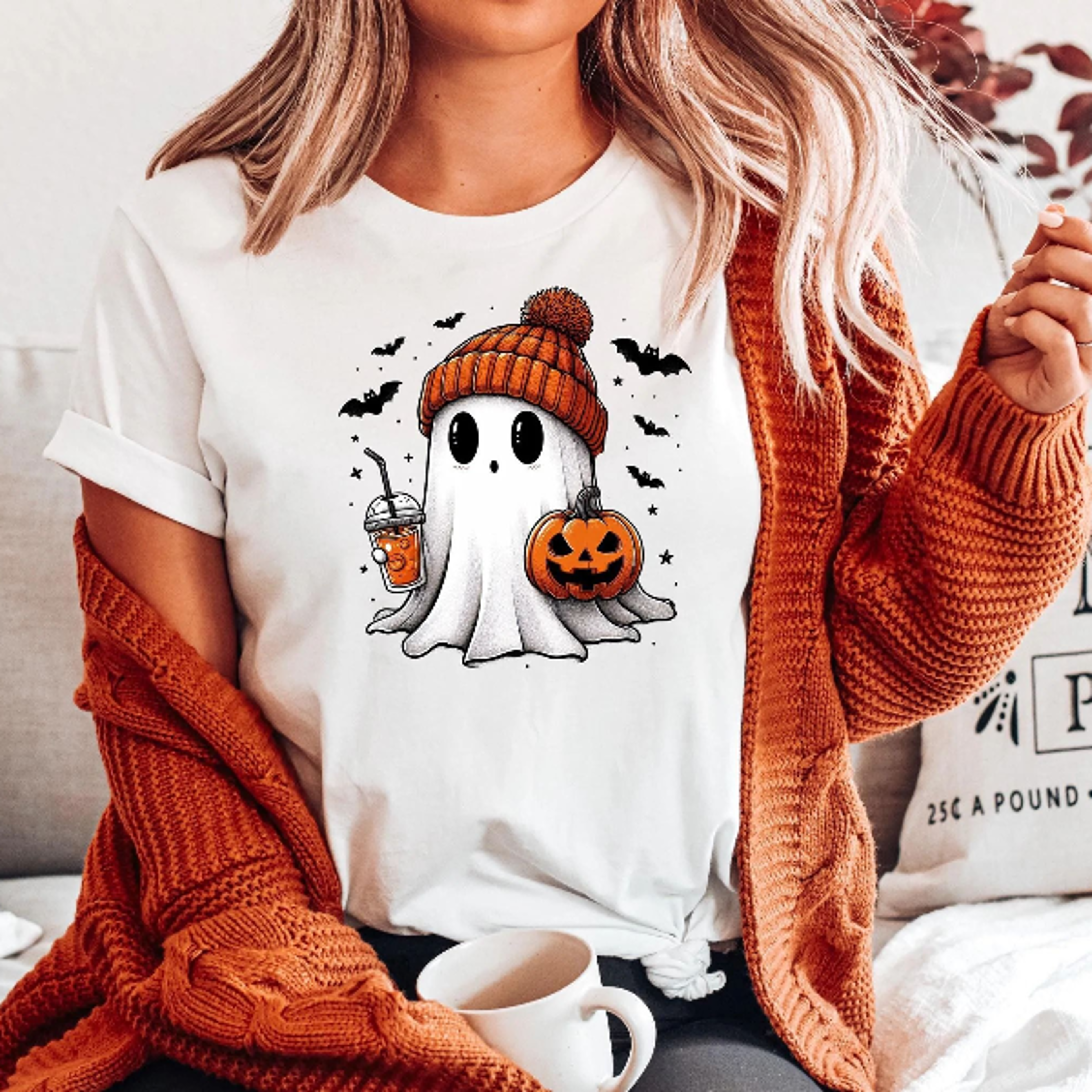 Cute Ghost Drinking Coffee Shirt Spooky Season Coffee Lover Tee 1