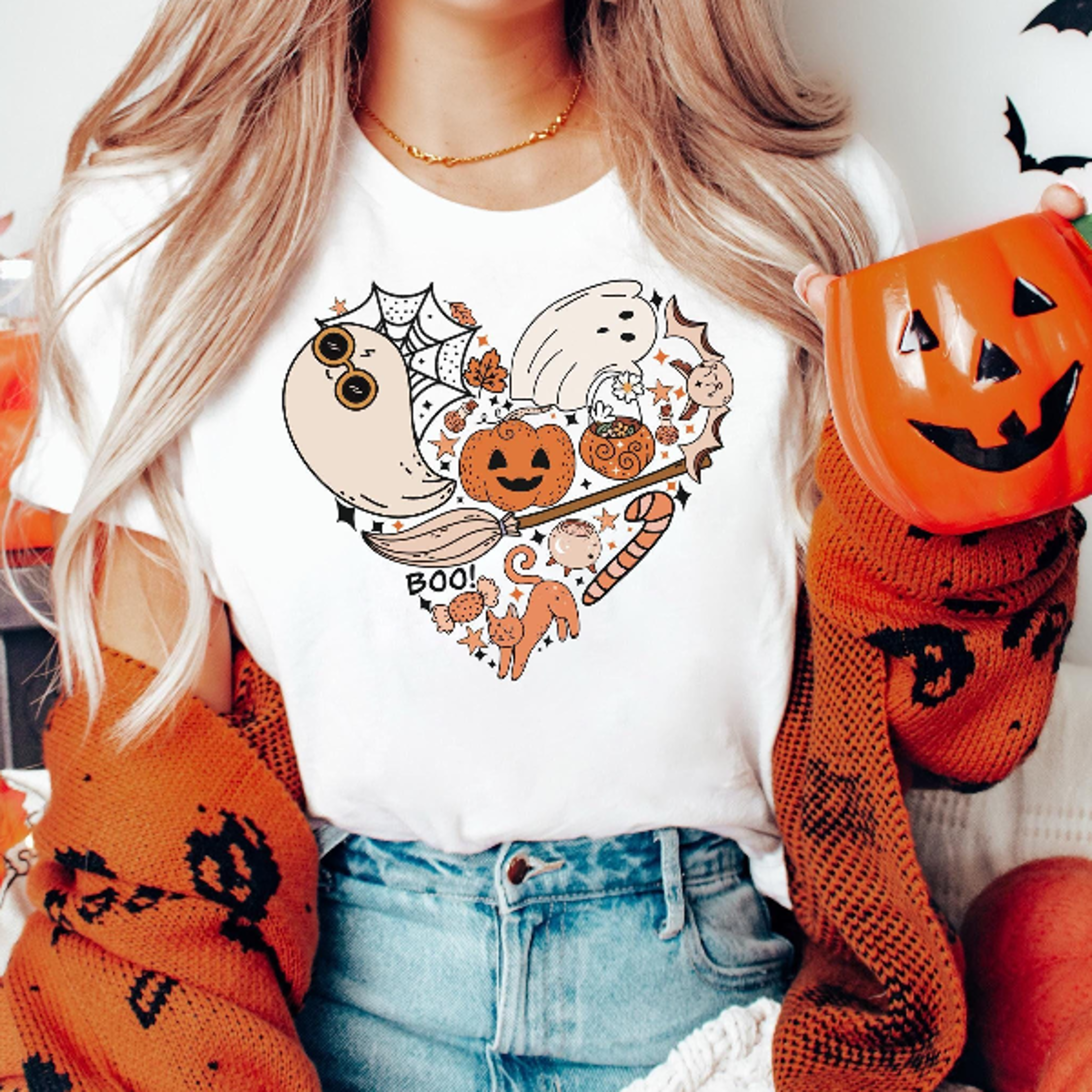 Halloween Doodles Heart Shirt Cute Happy Halloween Spooky Tee 0