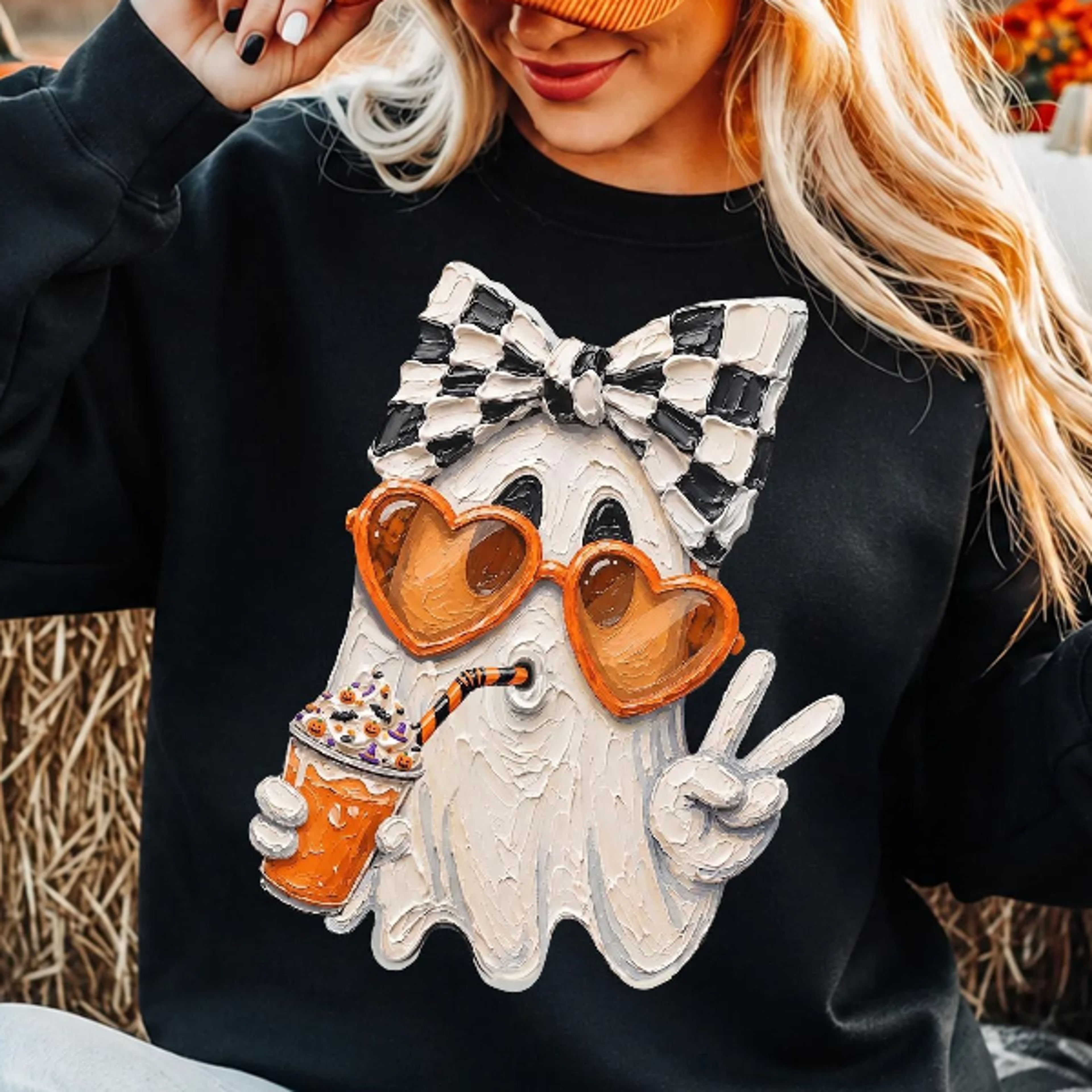 Cute Ghost Halloween Drinking Pumpkin Coffee Comfort Colors Shirt Coquette Bow Ghost Shirt Spooky S 