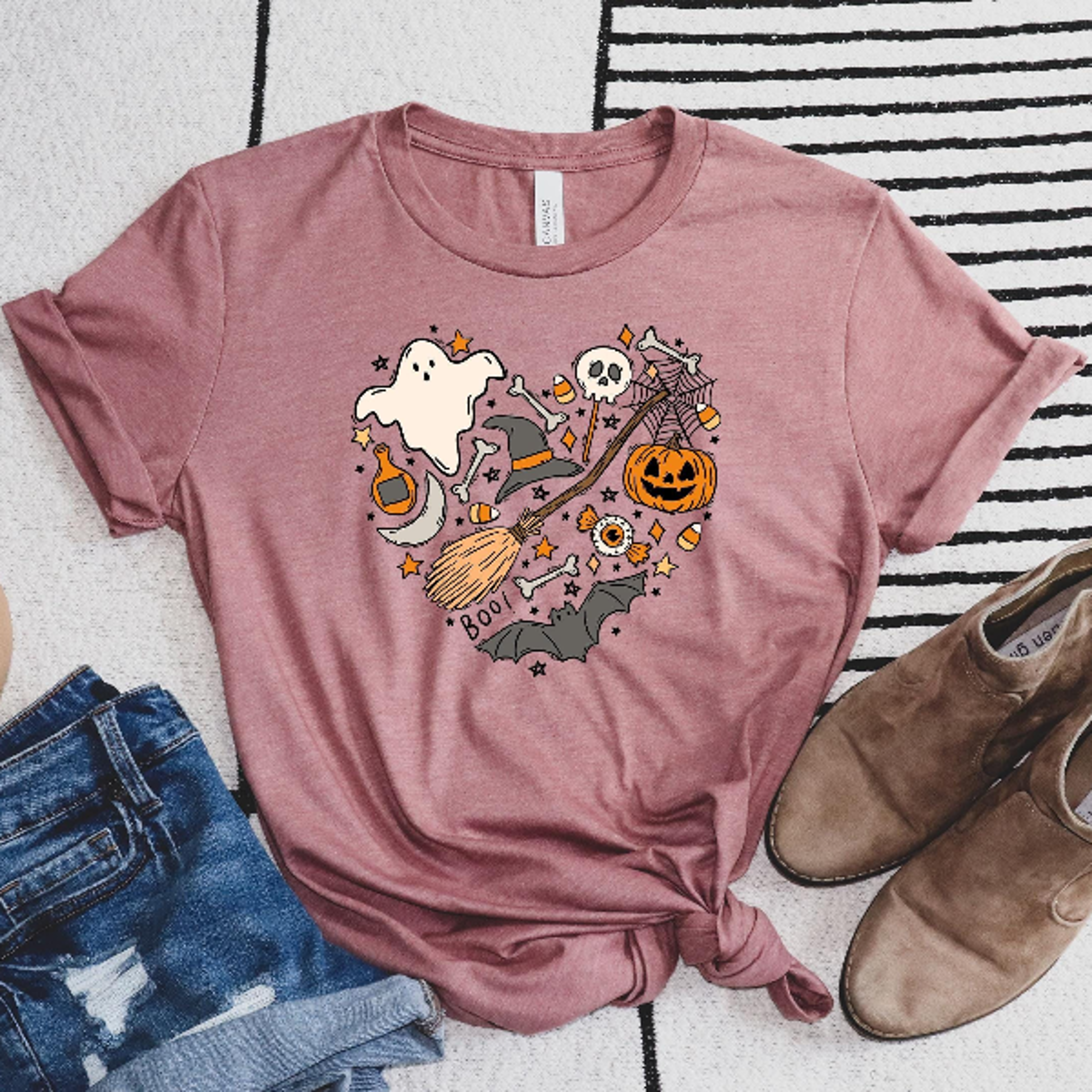 Halloween Doodles Heart Shirt Cute Pumpkin Witch Spooky Tee 3