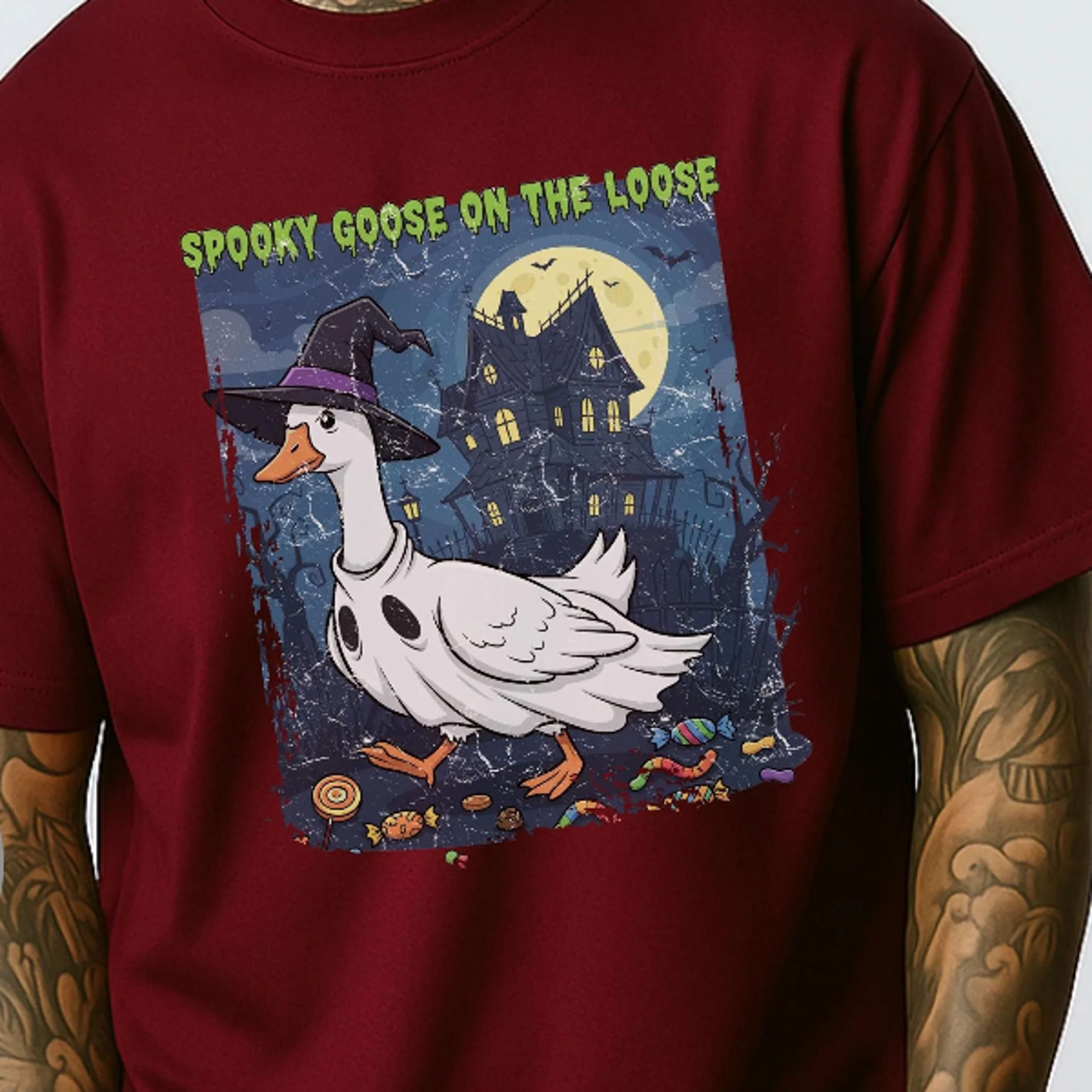 Pooky Goose On The Loose Halloween Shirt Funny Witch Hat Ghost Goose Tee Cute Haunted House Full Mo 