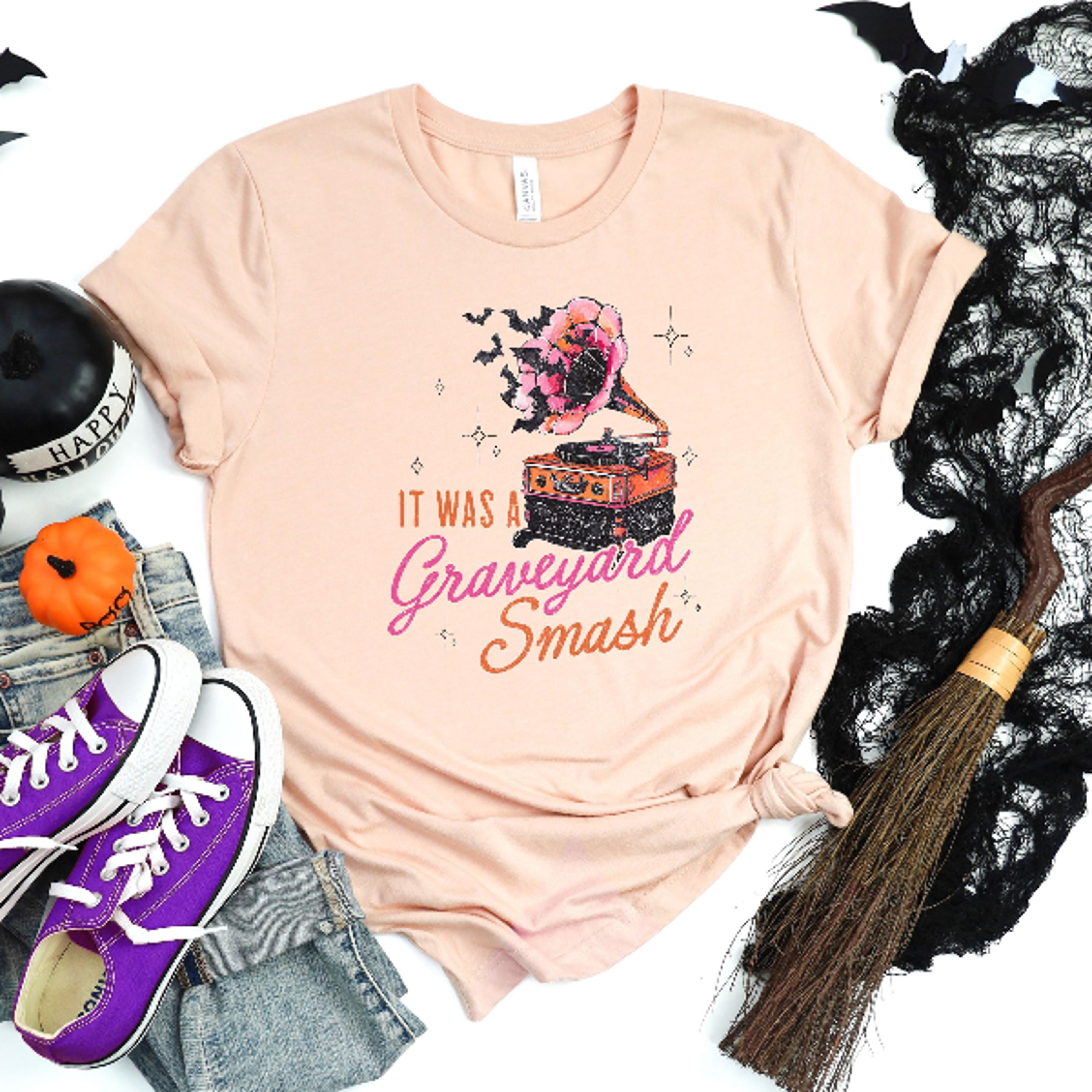 Graveyard Smash Retro Halloween Shirt Dancing Skeleton Vintage Tee 0