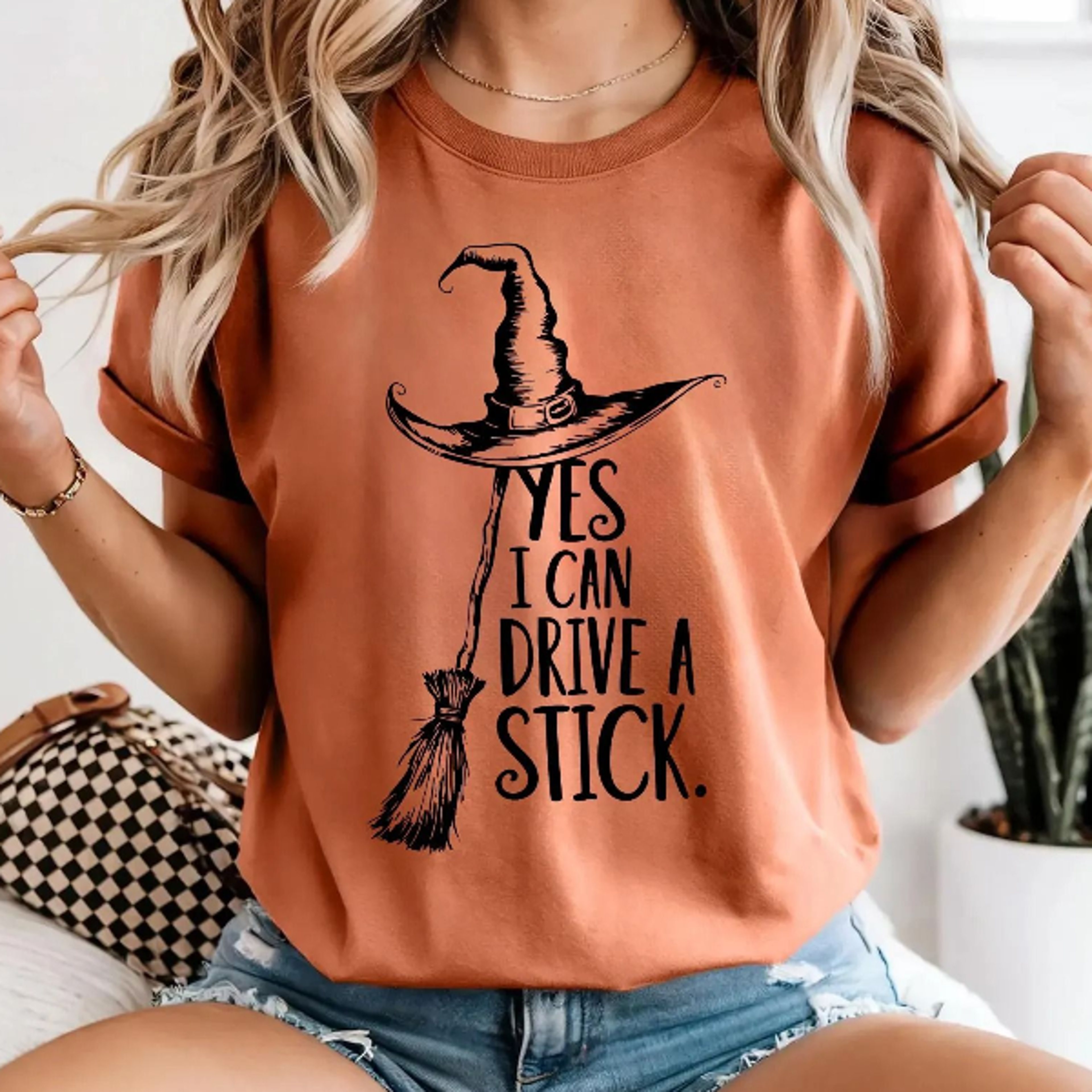Yes I Can Drive A Stick T Shirt Funny Halloween Witch Tee For Women Spooky Party Shirt Cute Hallowe 