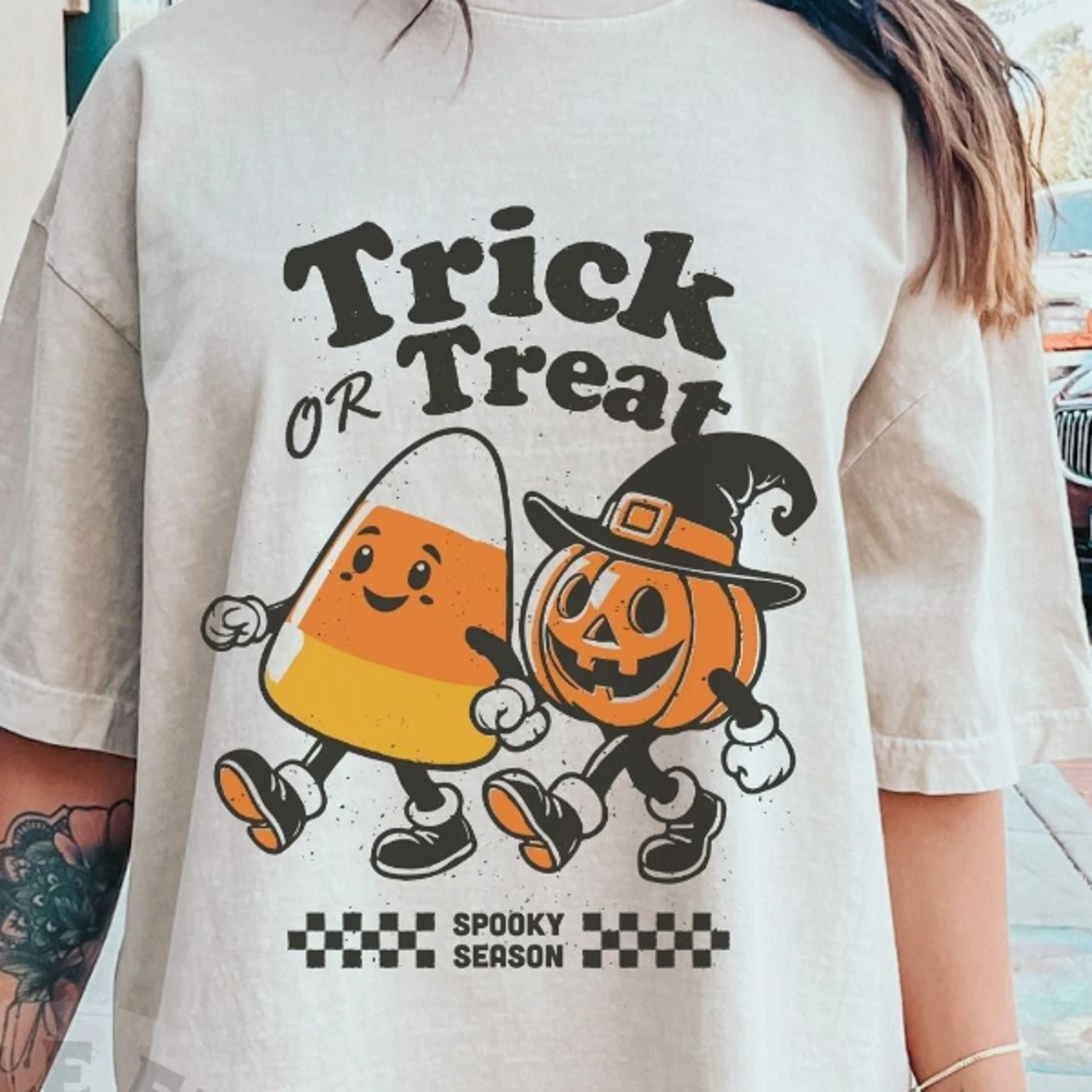 Halloween  Trick Or Treat Candy Corn  Jack O Lantern Trendy Retro Vintage Halloween Shirt 0