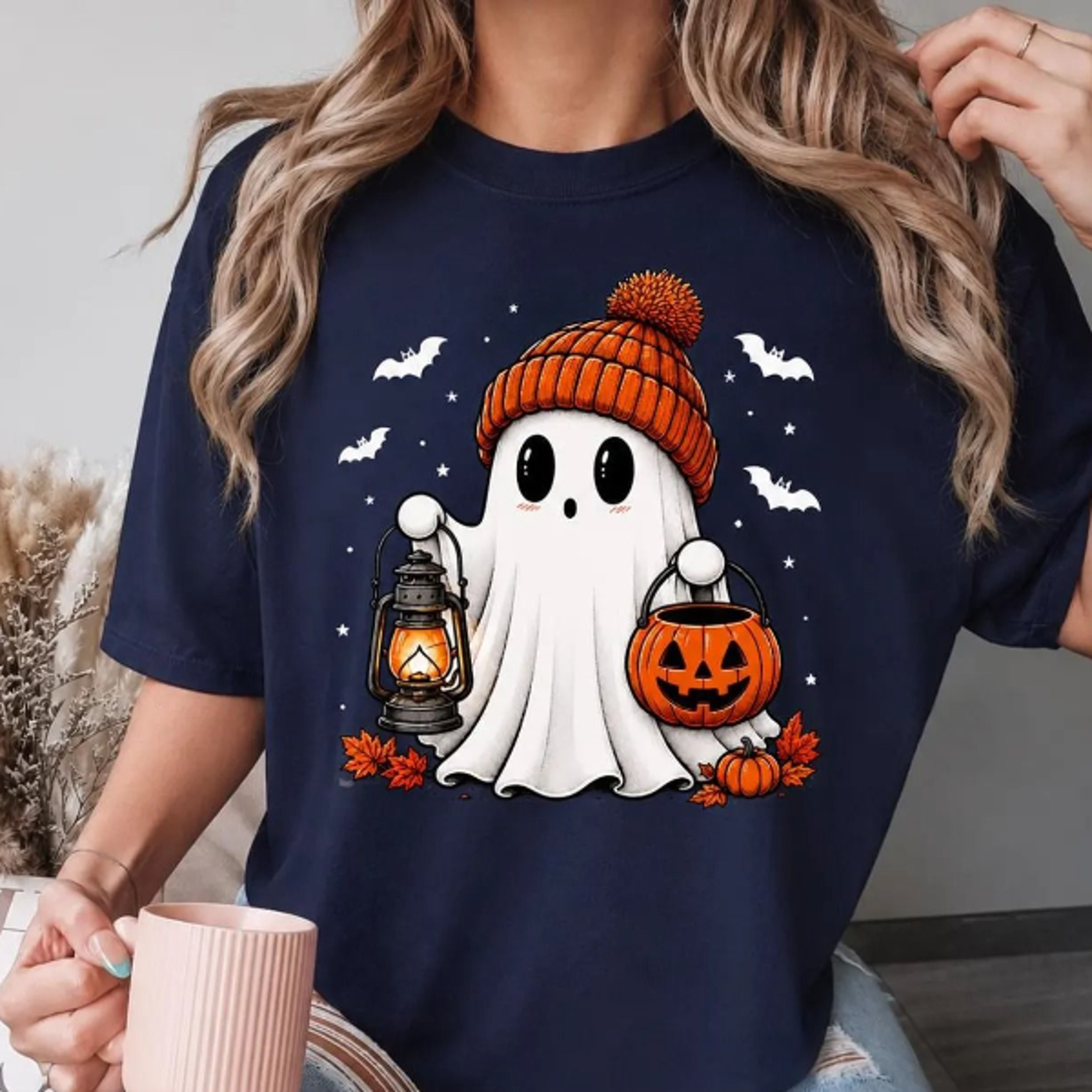 Cute Ghost Shirt Halloween Pumpkin Tee Spooky Season TShirt Fall Ghost Graphic Tee Halloween Gift 0