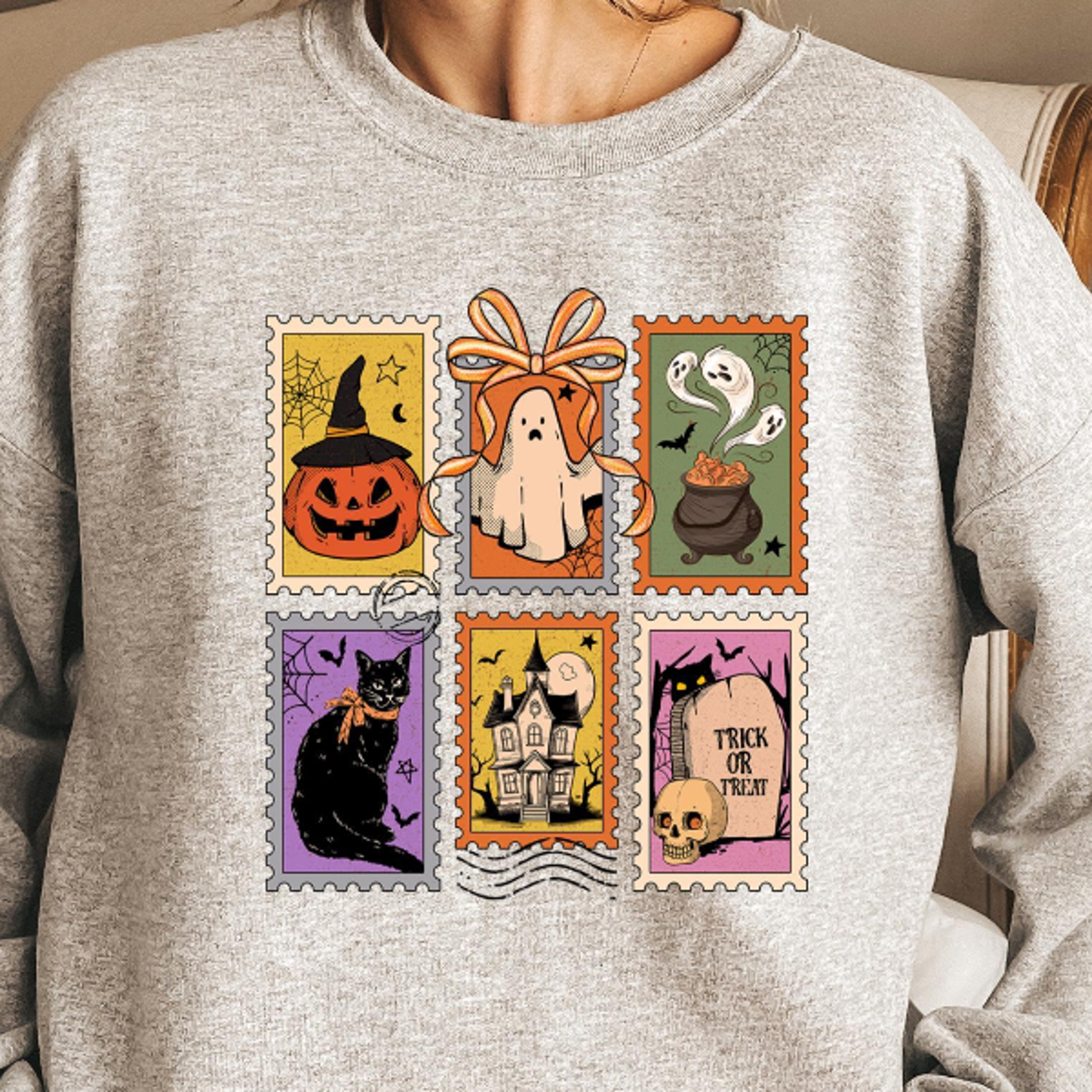 Retro Halloween Postage Shirt Vintage Ghost Pumpkin Cat Tee 2