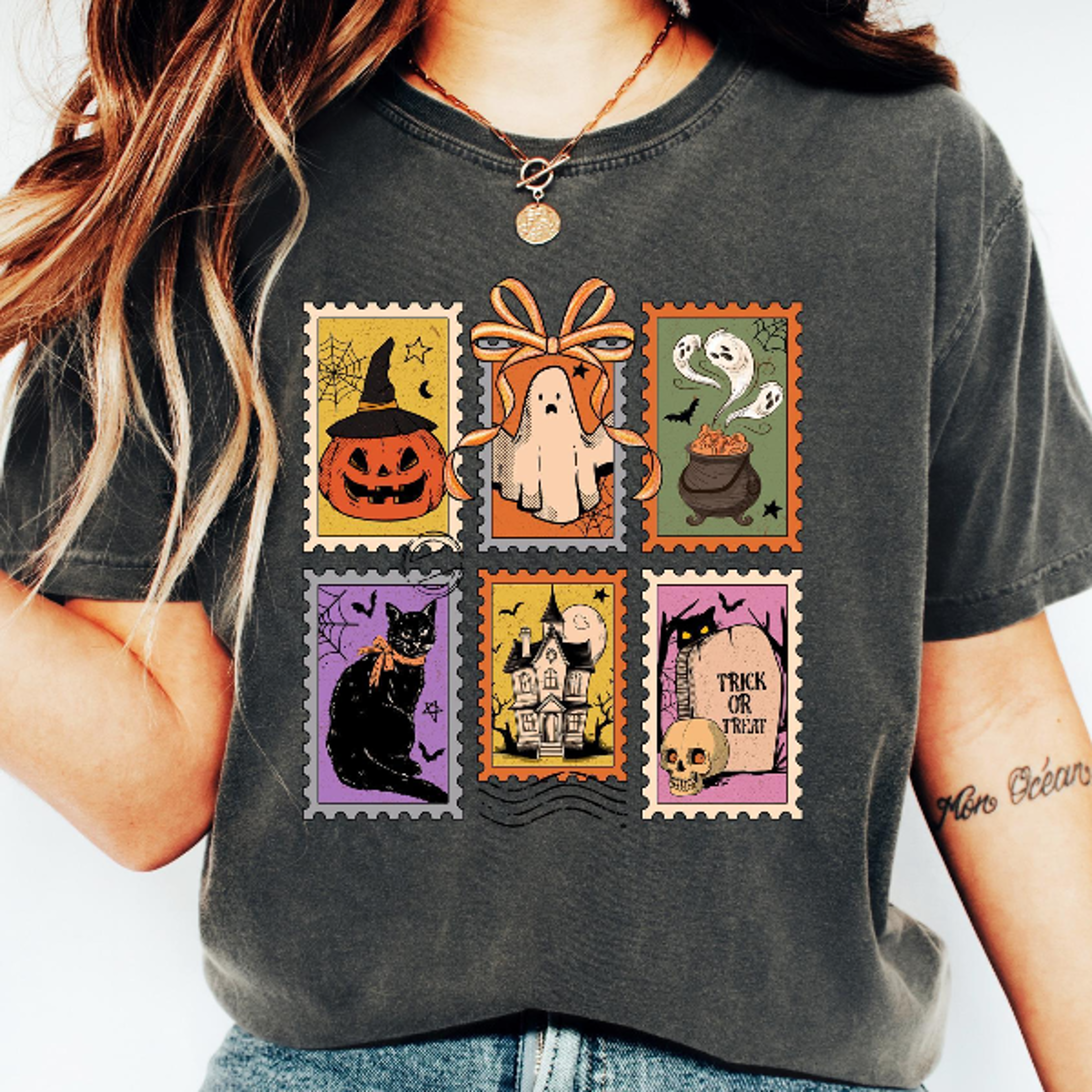 Retro Halloween Postage Shirt Vintage Ghost Pumpkin Cat Tee 3