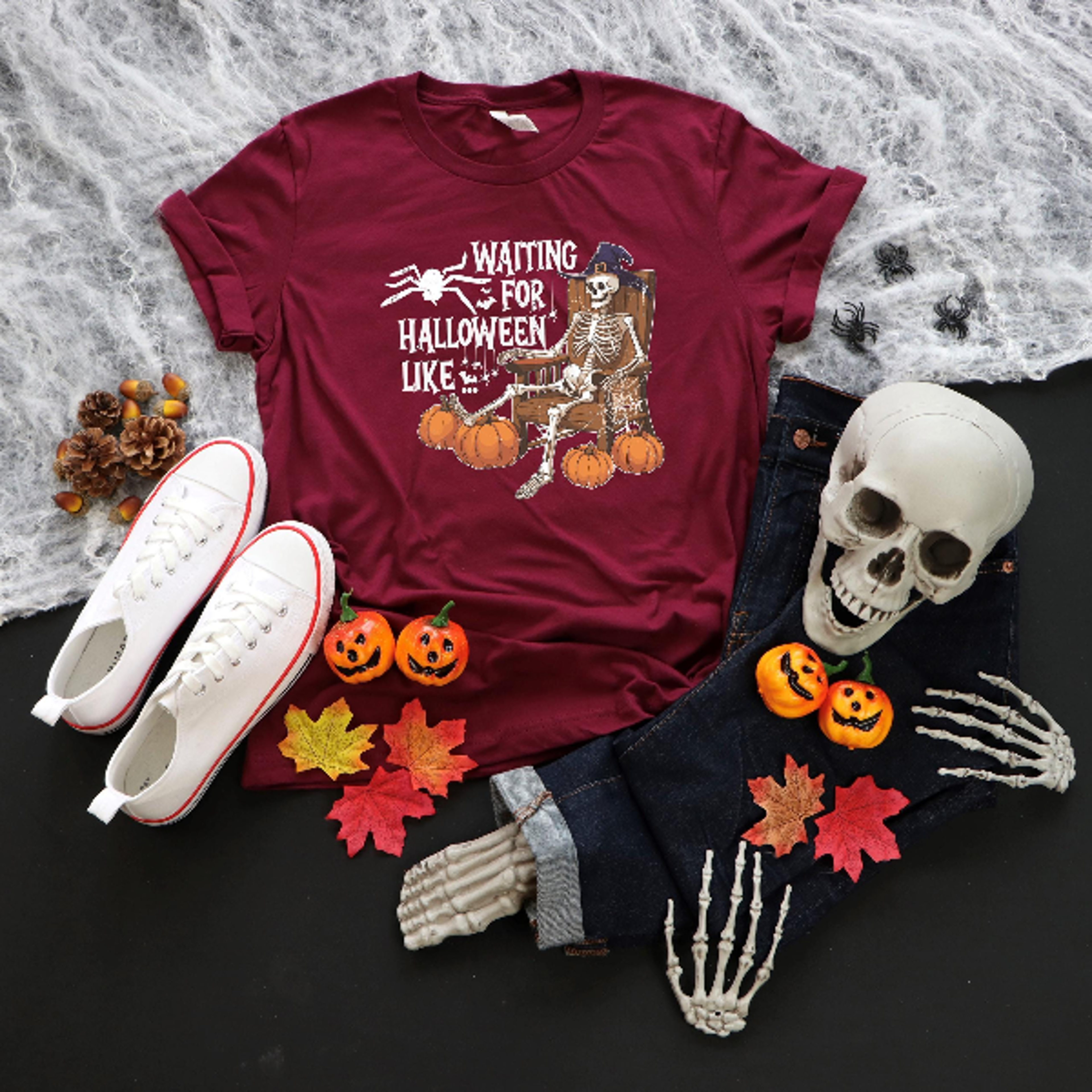 Waiting For Halloween Like Skeleton Sweatshirt Spooky Pumpkin Tee 0