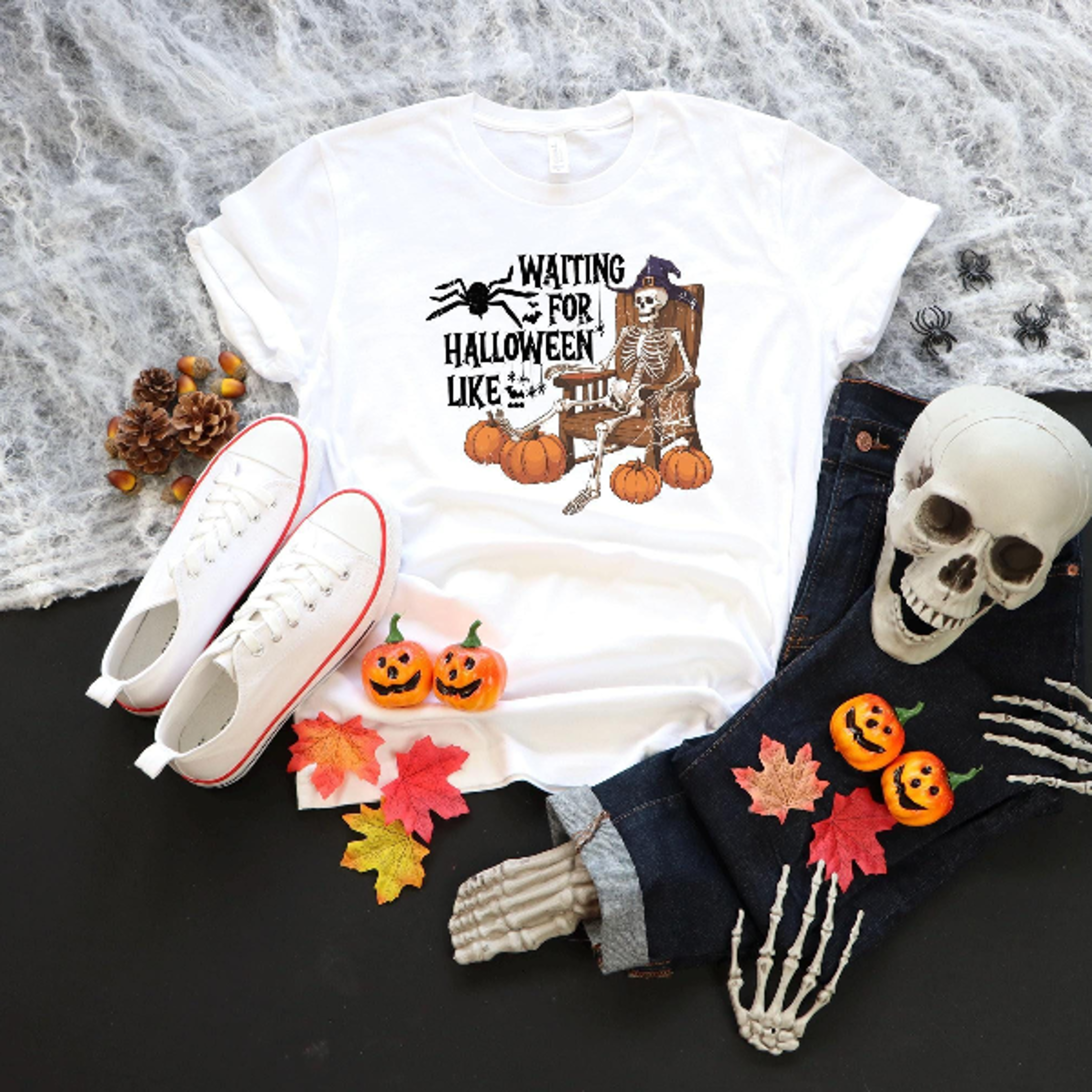 Waiting For Halloween Like Skeleton Sweatshirt Spooky Pumpkin Tee 1