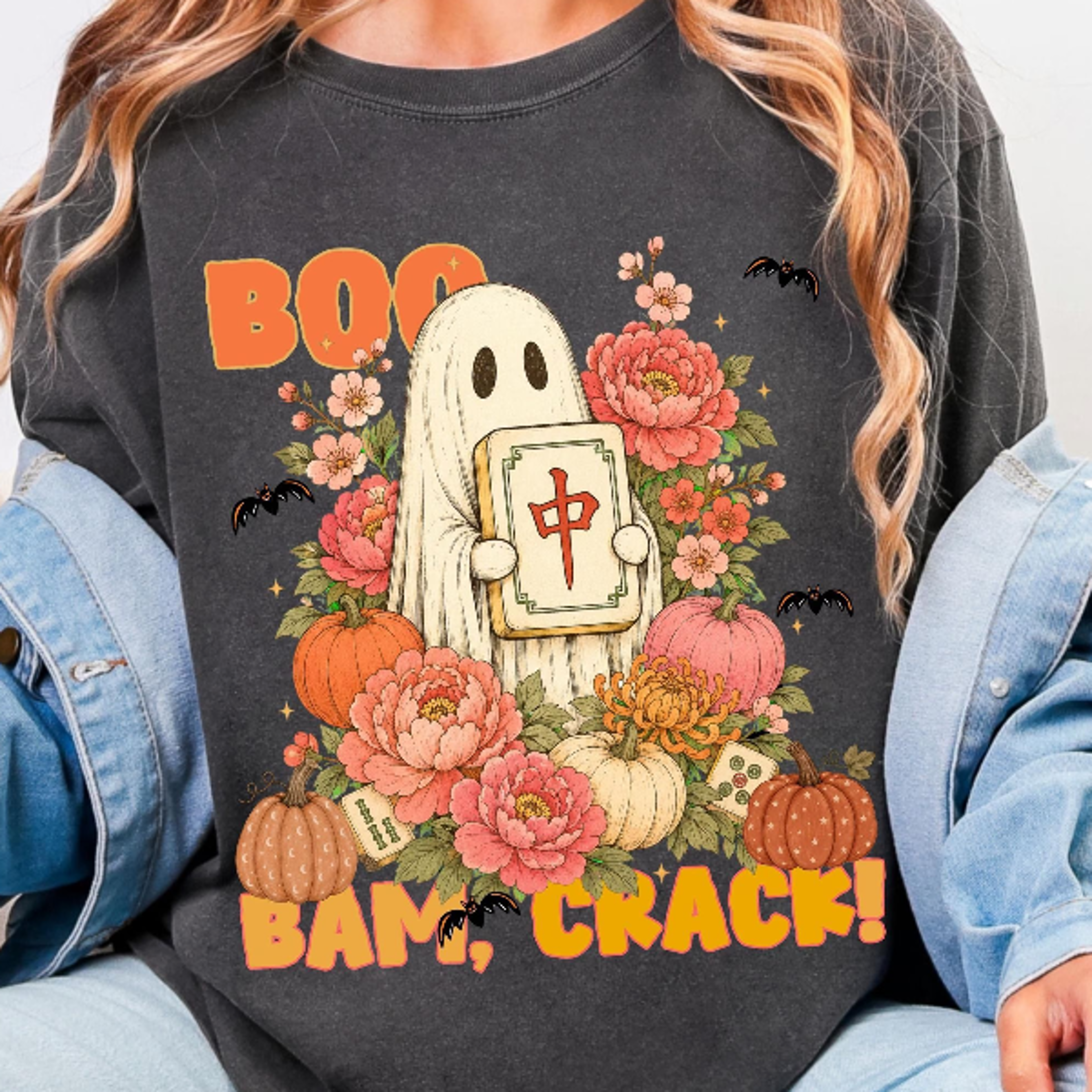 Halloween Mahjong Shirt Boo Bam Crack Ghost Tee Spooky Mahjong Player TShirt Floral Fall Game Night 