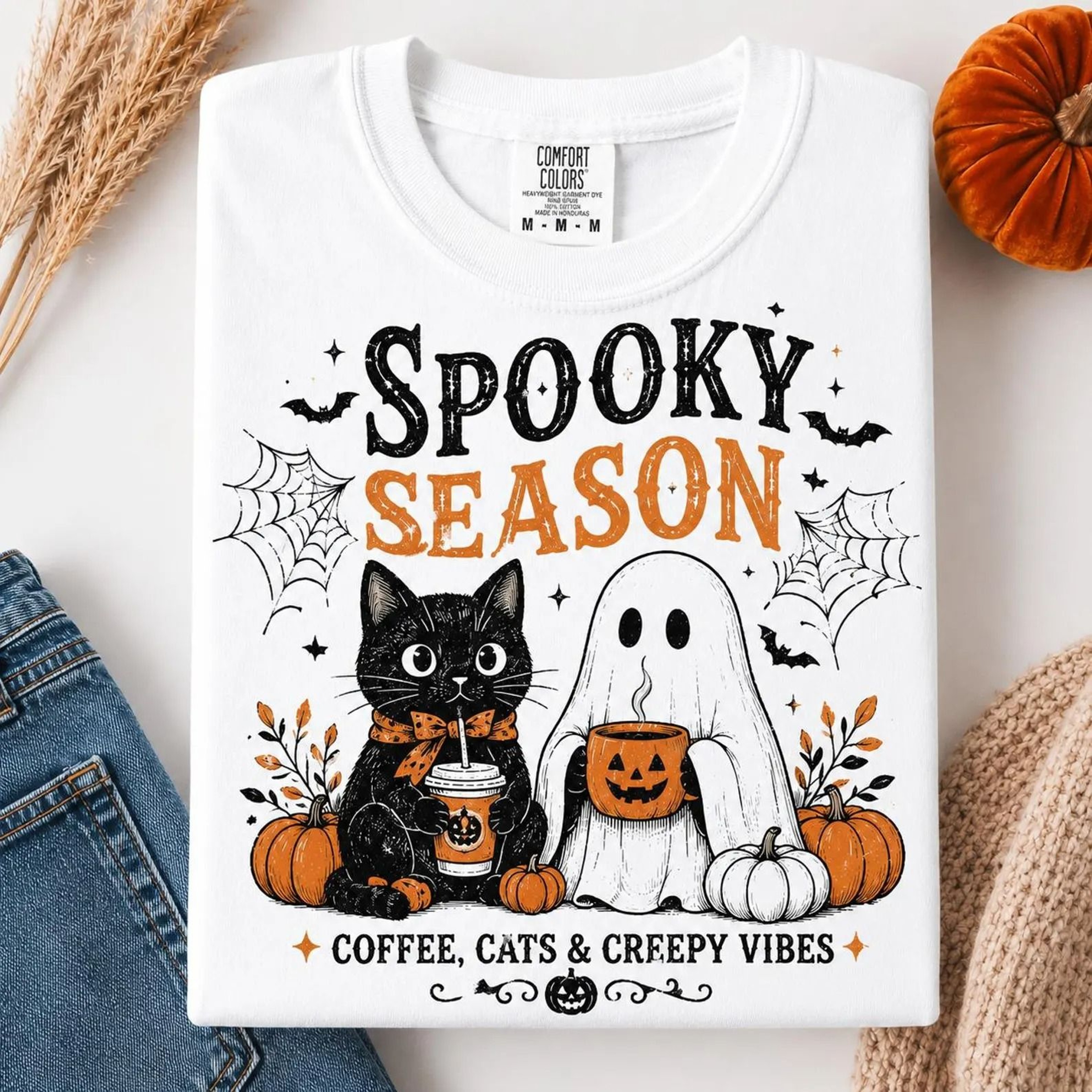 Spooky Season Coffee Cats  Creepy Vibes Shirt Cute Black Cat Ghost Halloween Tee 1