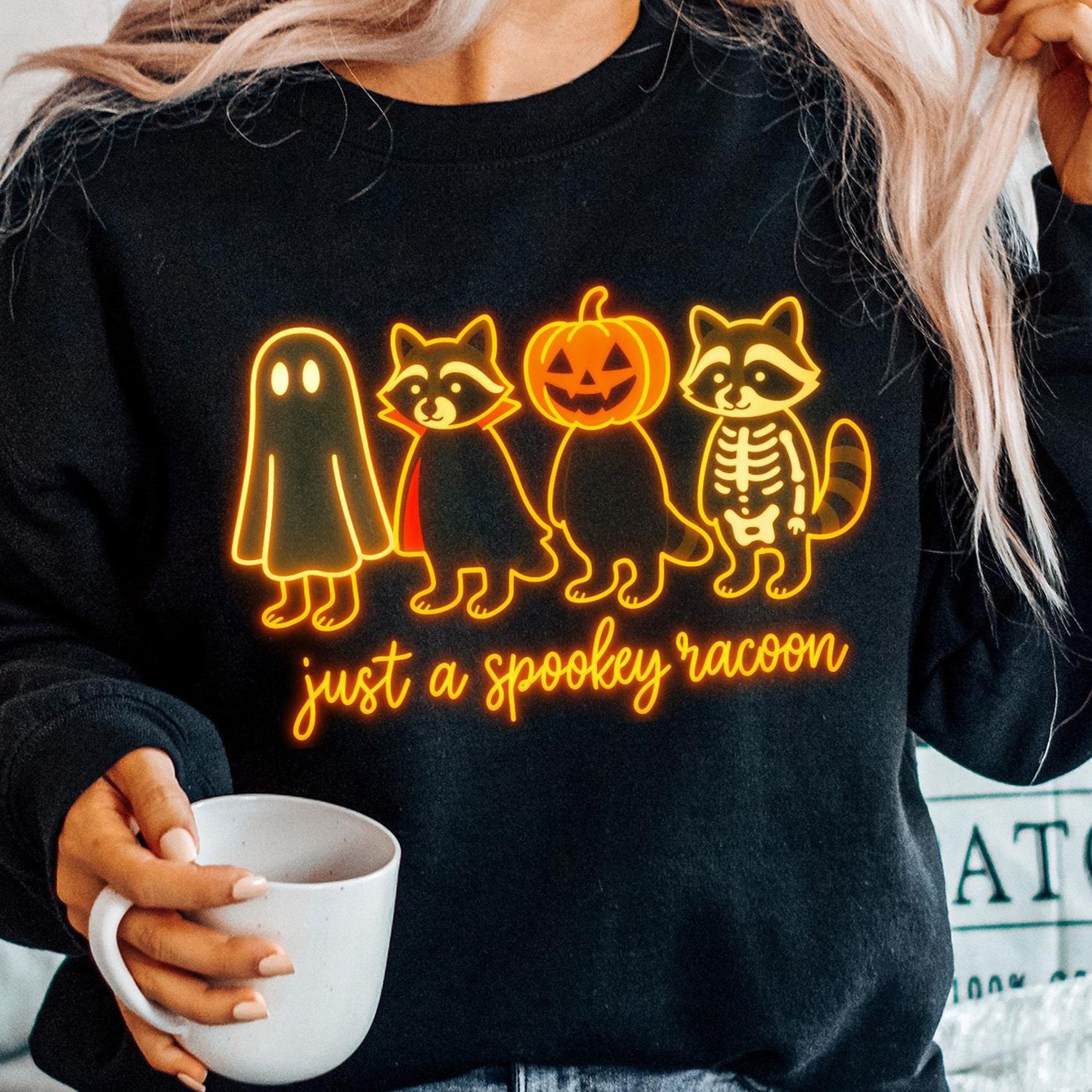 Neon Ghost Raccoon Shirt Spooky And Feral Funny Halloween Tee 2