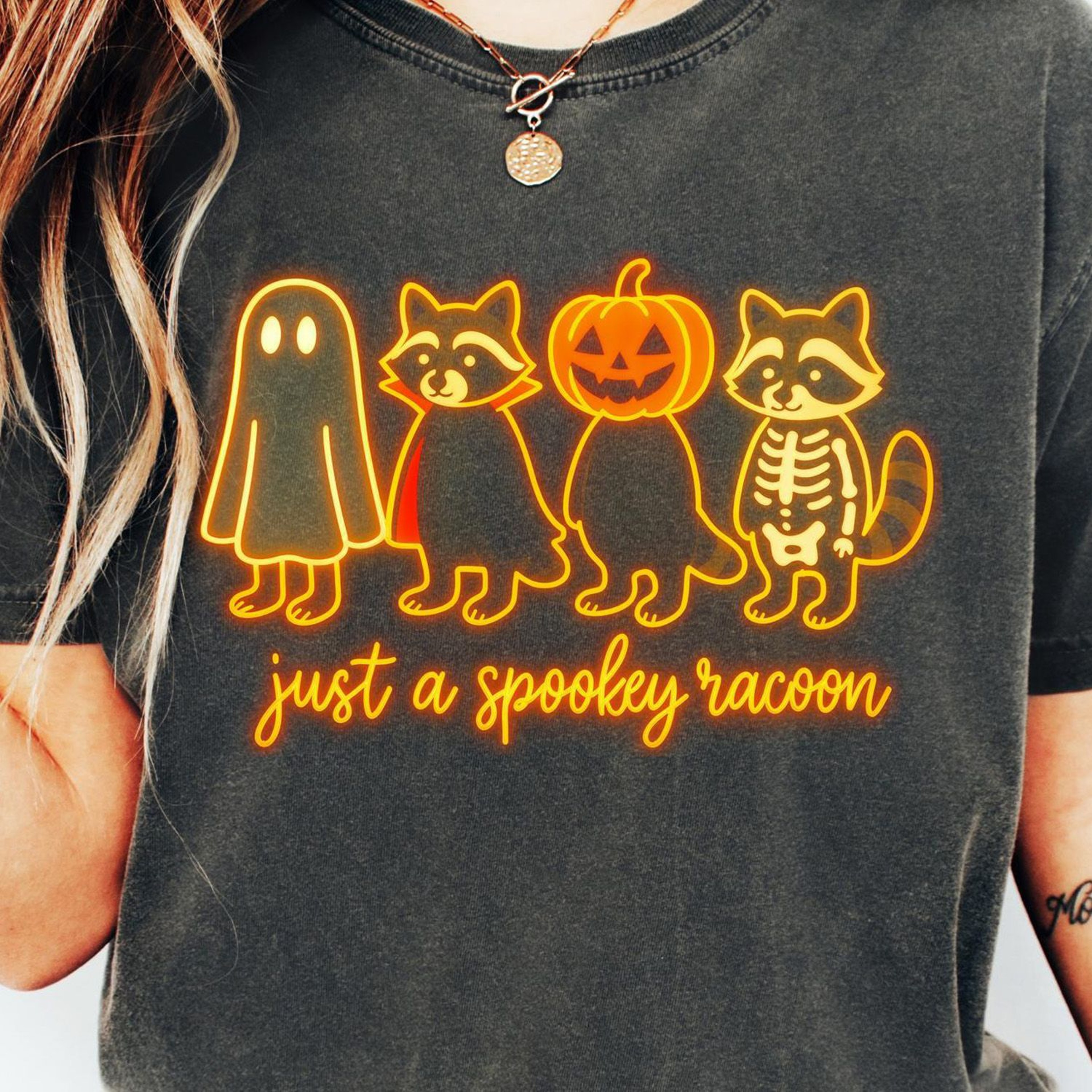 Neon Ghost Raccoon Shirt Spooky And Feral Funny Halloween Tee 3