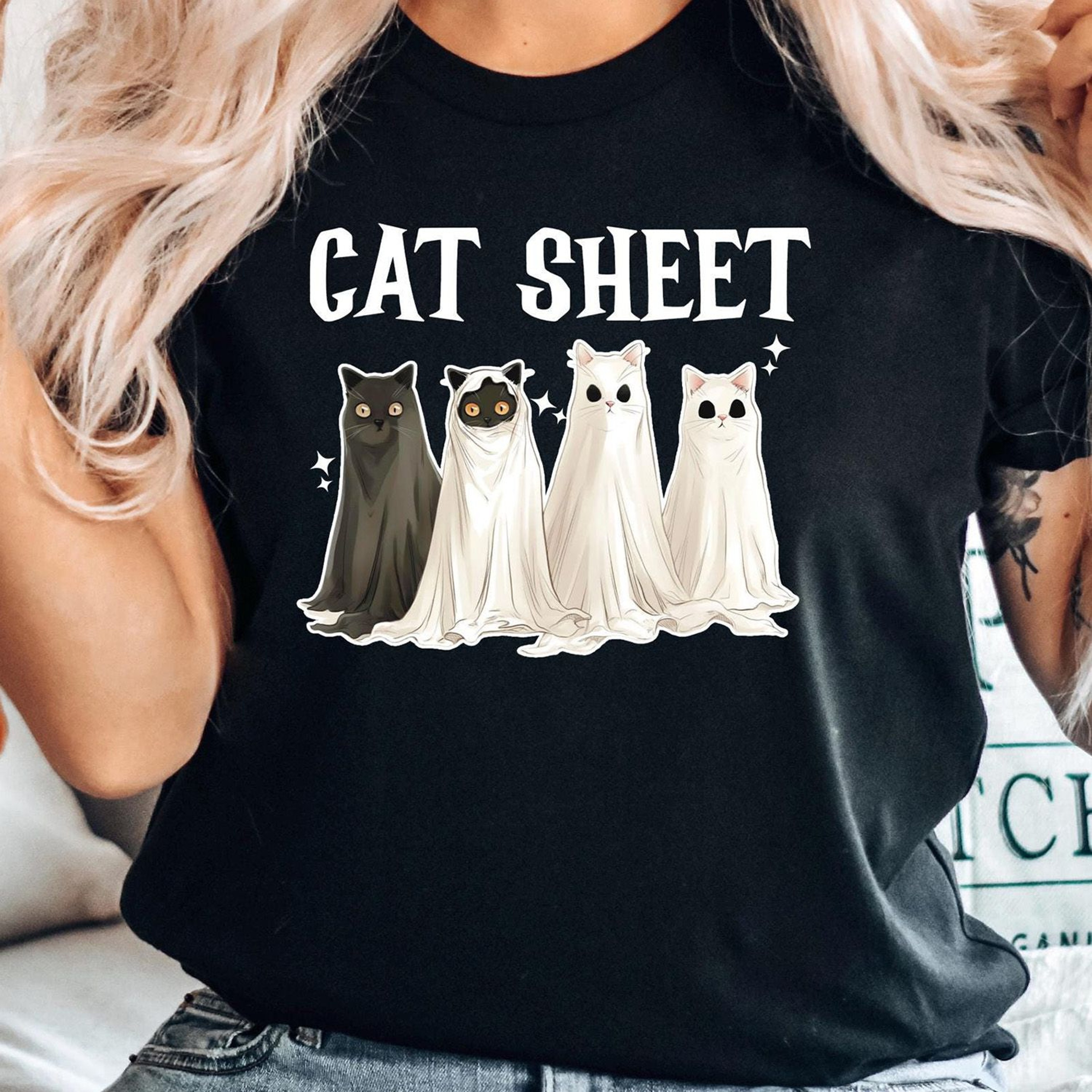 Cat Sheet Ghost Shirt Funny Halloween Cat Spooky Season Tee 1