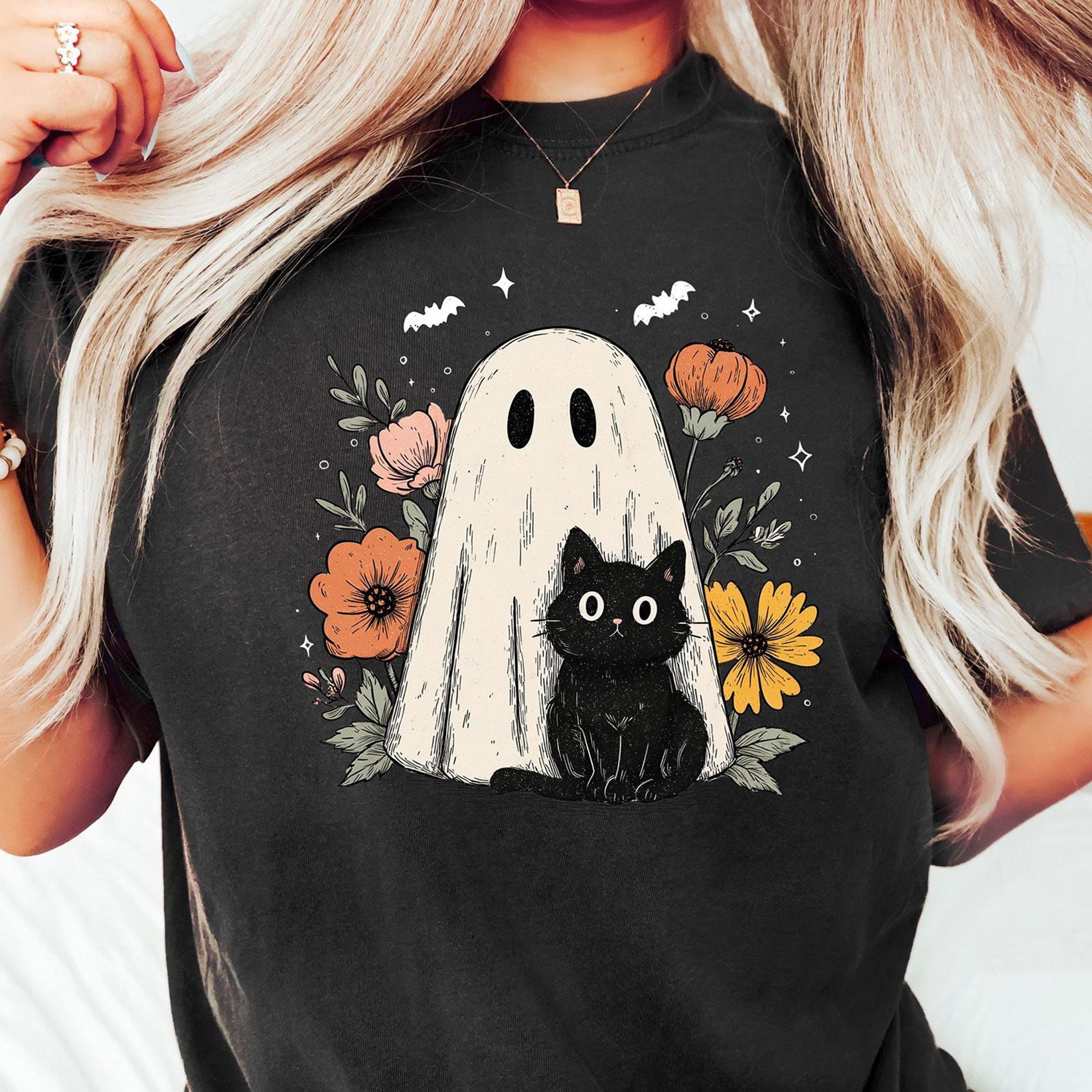Floral Ghost Cat Halloween Shirt Cute Black Cat Spooky Fall Tee 1