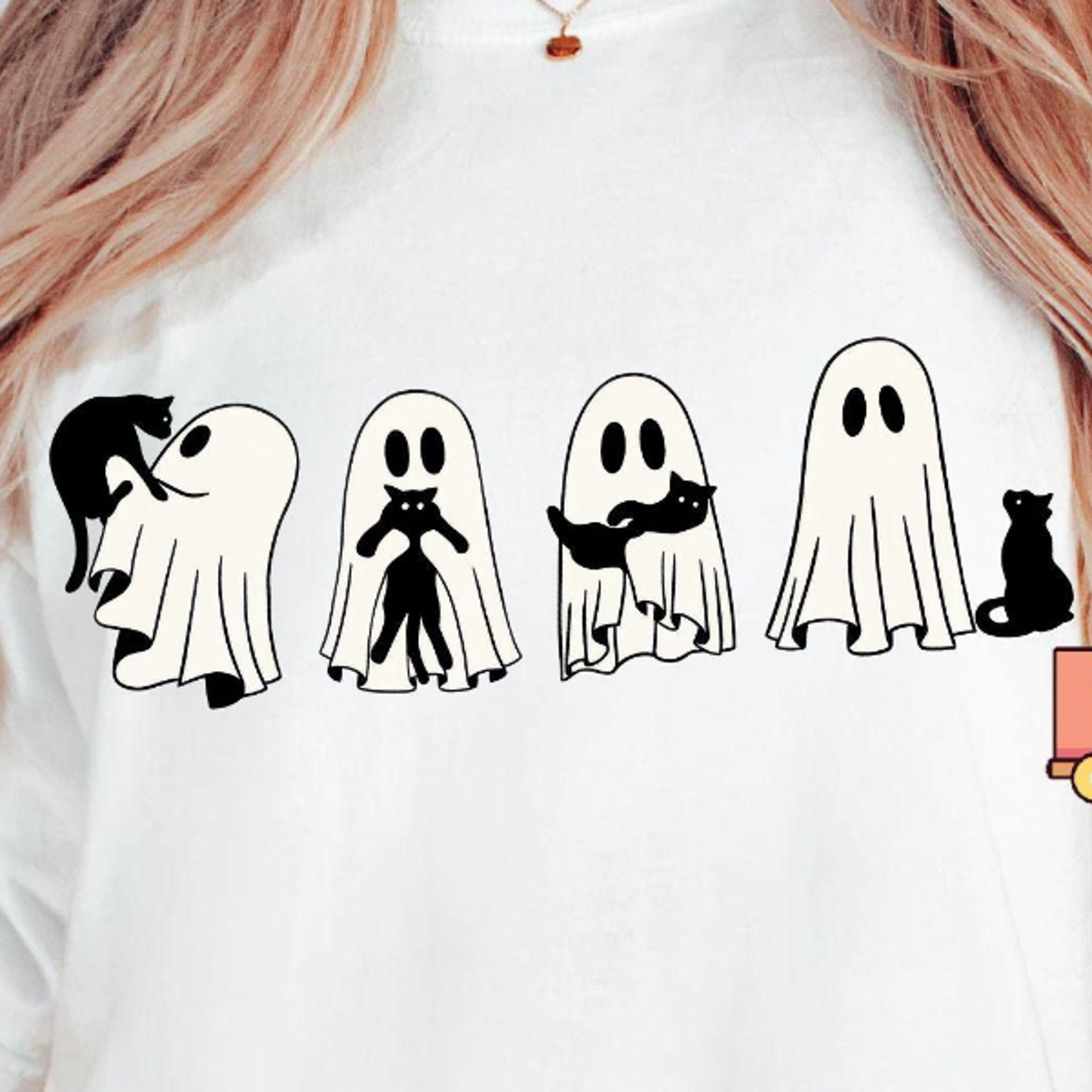 Halloween Black Cat  Ghost Shirt Halloween Ghost Tshirt Spooky Season Cat Tee Halloween Cute Women  