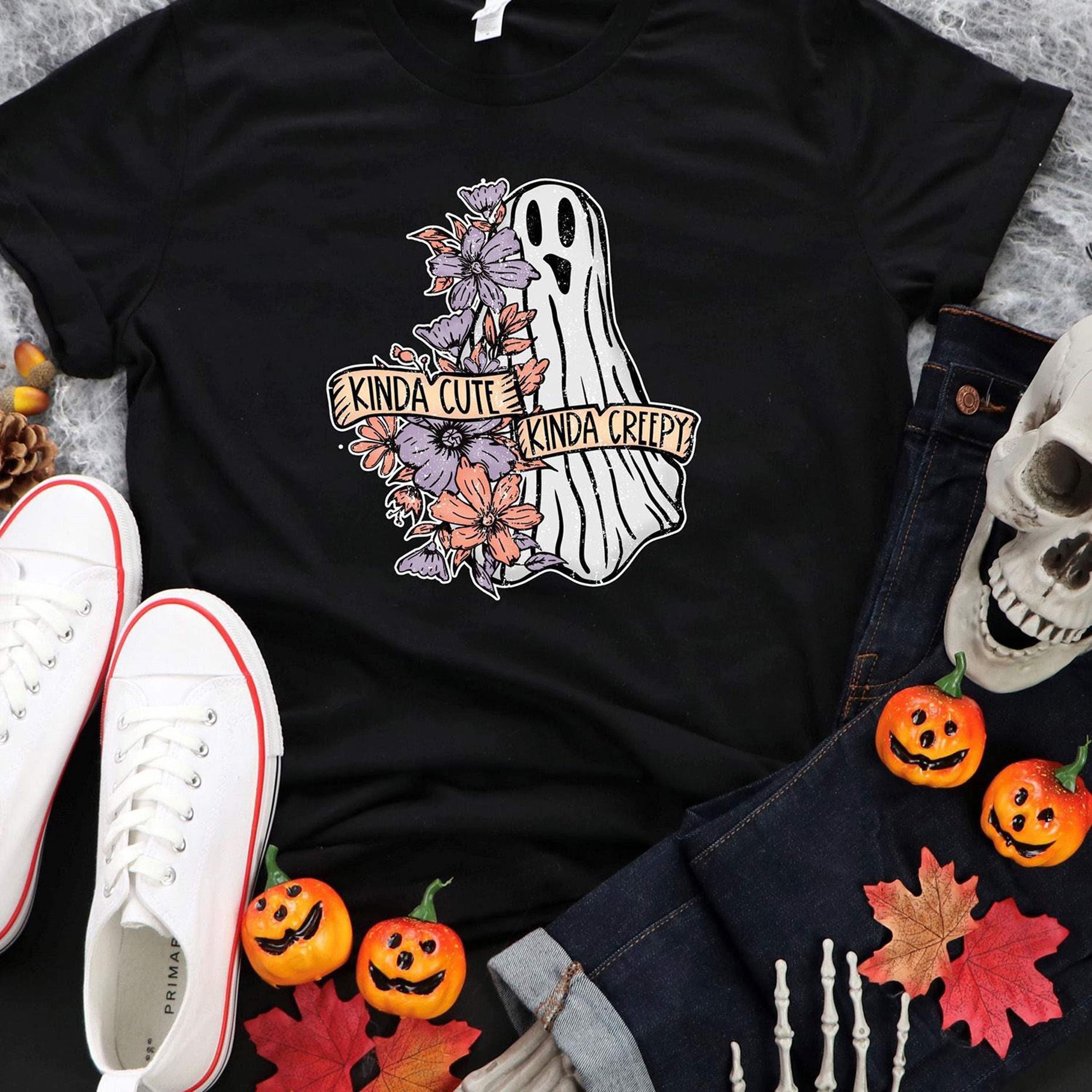 Kinda Cute Kinda Creepy Floral Ghost Shirt Halloween Bleached Tee 1
