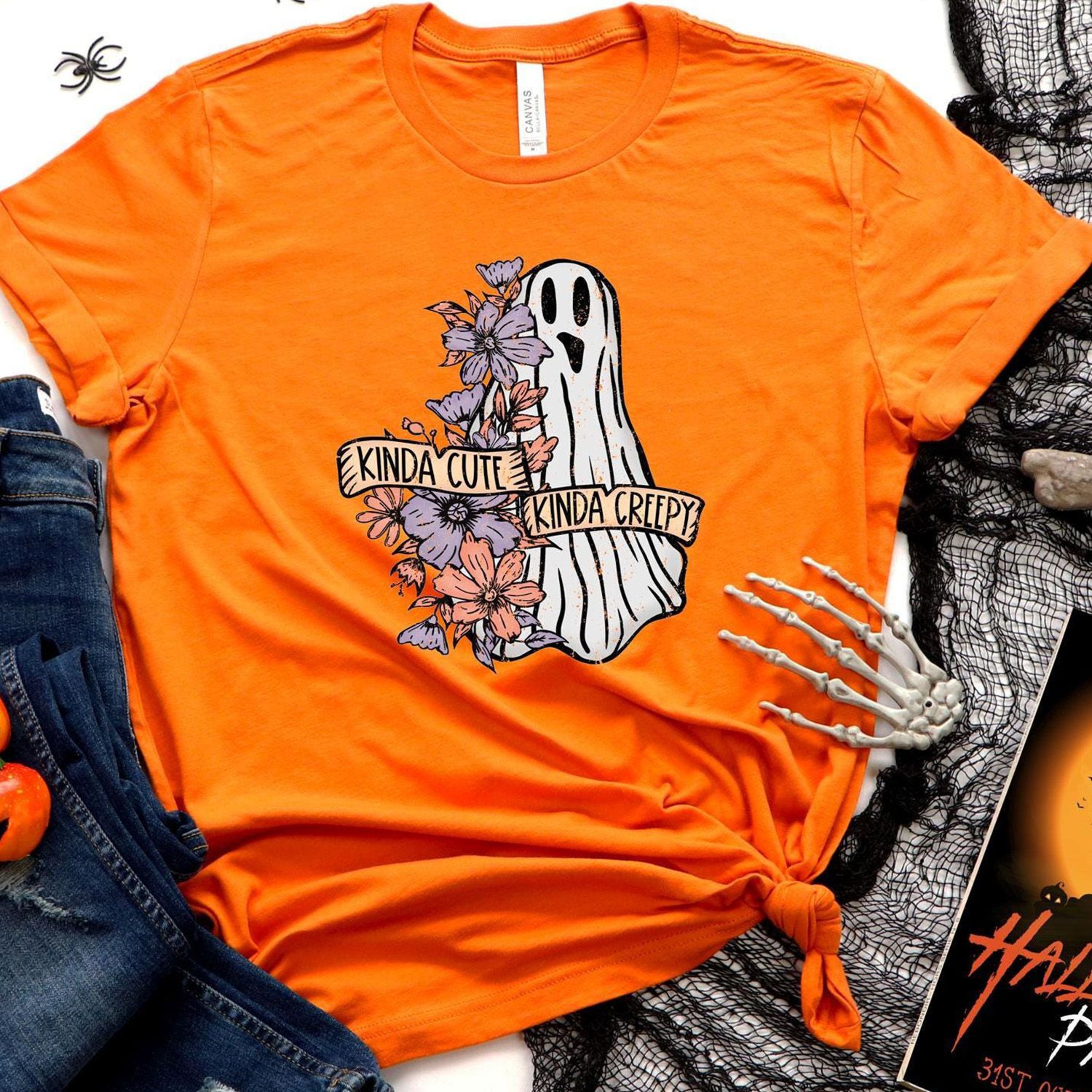 Kinda Cute Kinda Creepy Floral Ghost Shirt Halloween Bleached Tee 3