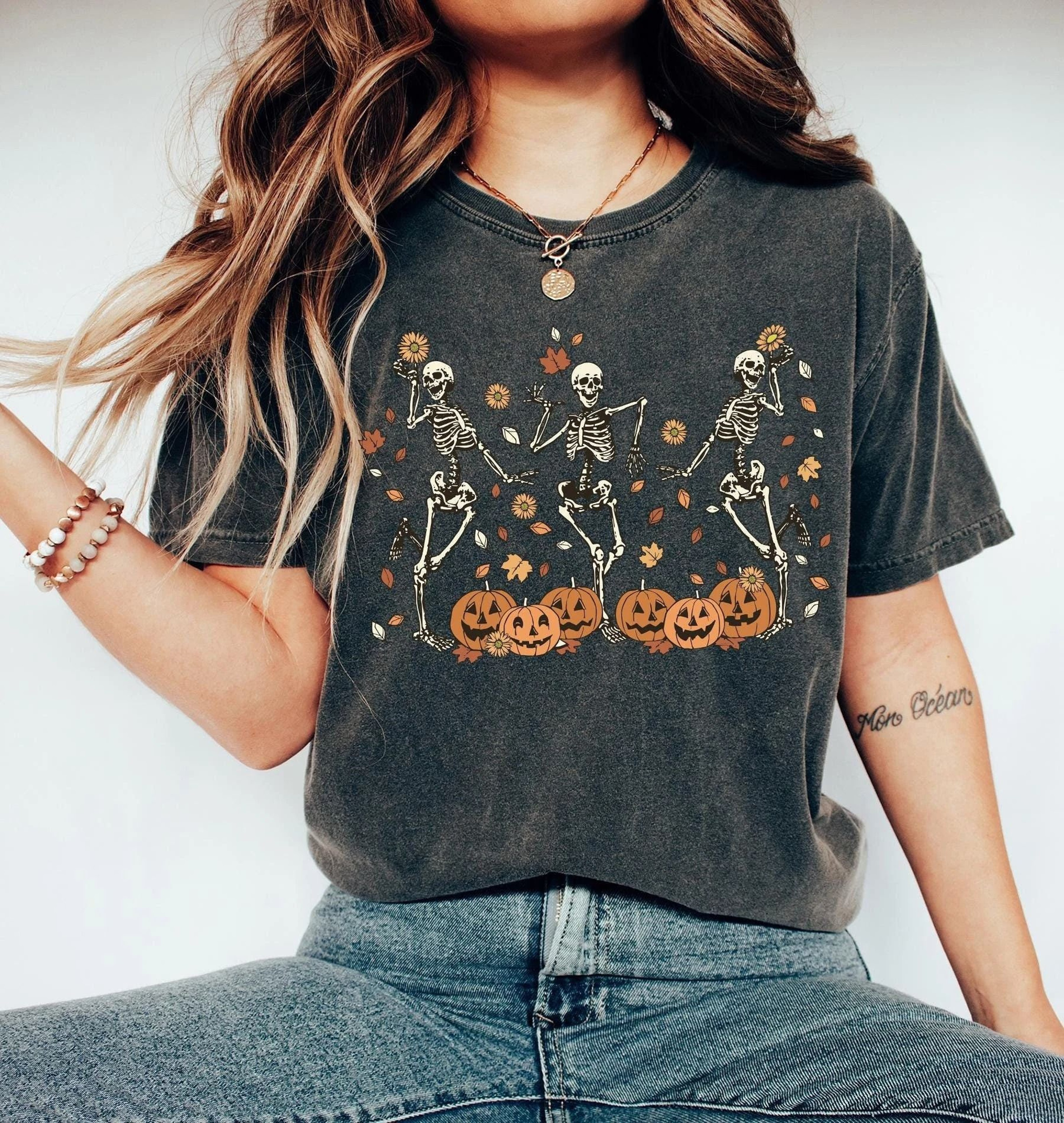 Halloween Shirt Dancing Skeleton Halloween Sweatshirt Spooky Season Fall Tee Pumpkin Black Cat Shir 1