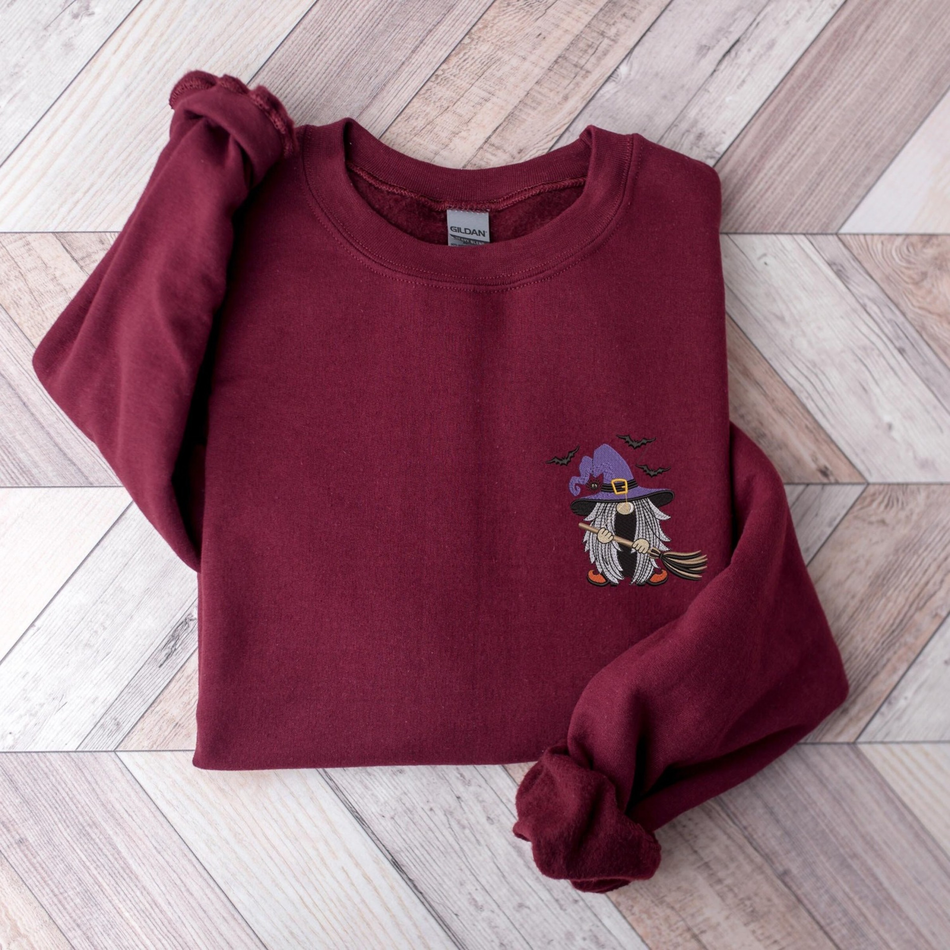 Embroidered Witch Halloween Sweatshirt Funny Gnome Spooky Crewneck 3jpg