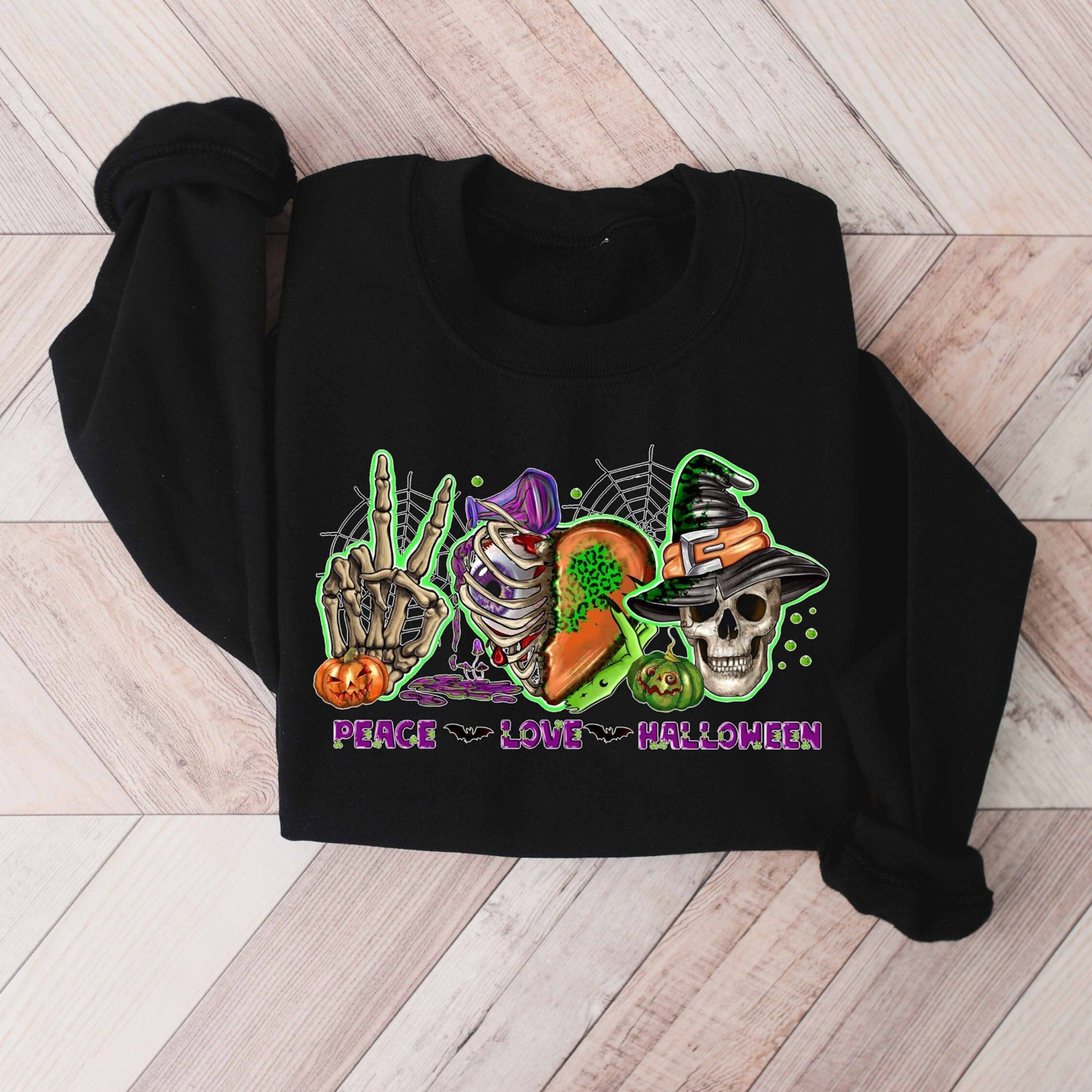 Peace Love Halloween Sweatshirt Cute Pumpkin Spooky Season Crewneck 3jpg