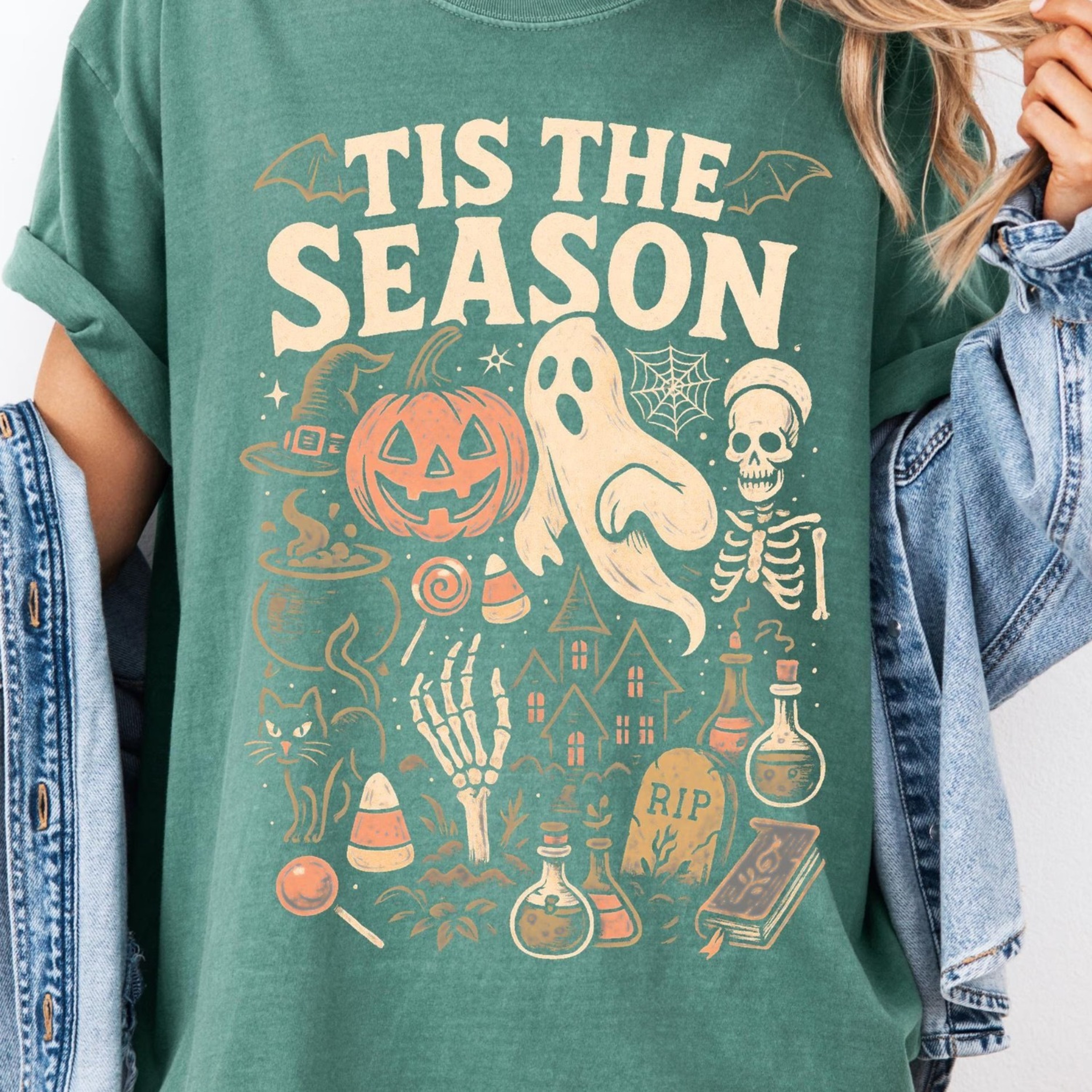 T Shirt  Retro Tis The Season Skeleton Pumpkin Ghost Halloween TShirt  Y2K Halloween  Womens Shirt 1