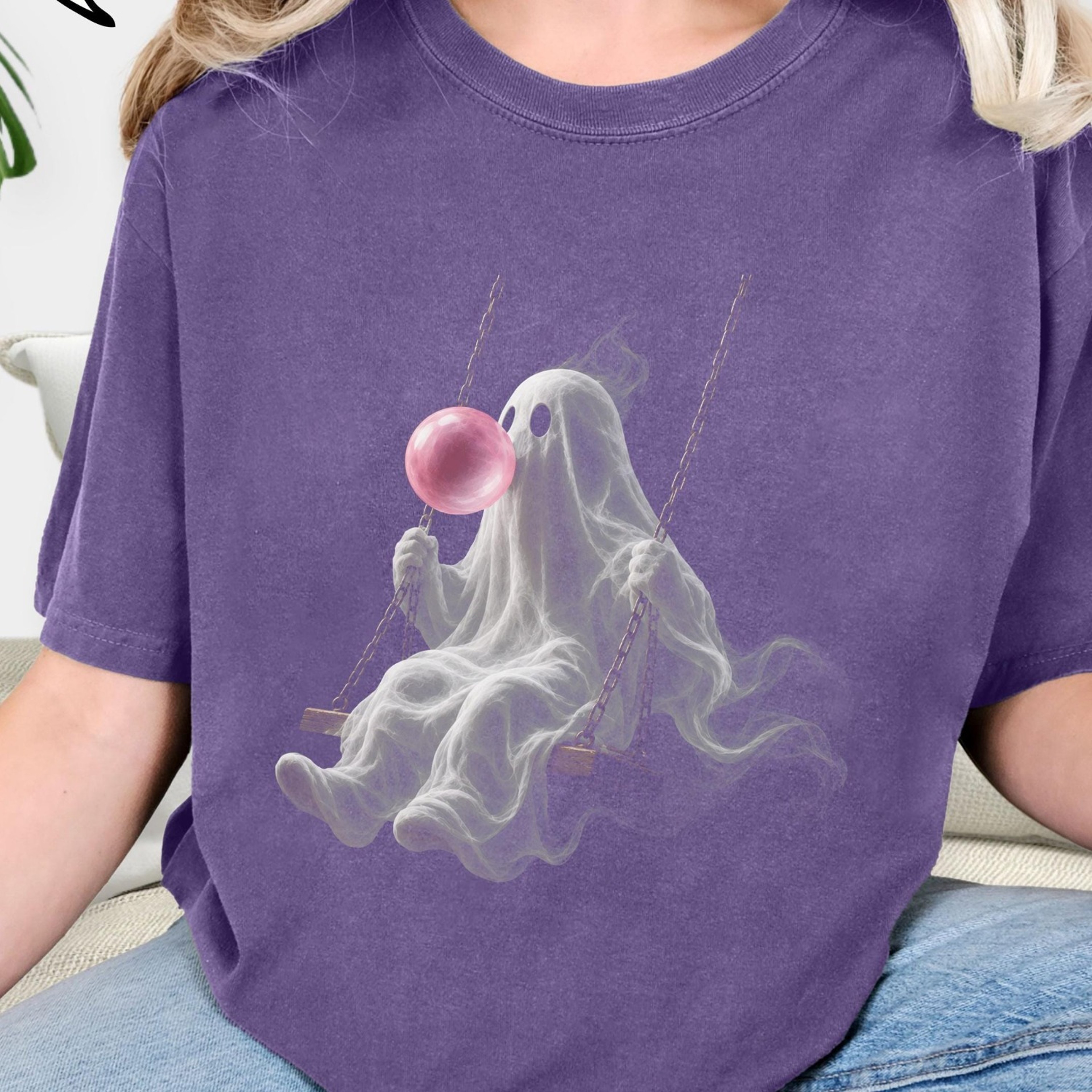 Ghost Swinging T Shirt Pink Bubble Halloween Tee Cute Spooky Ghost Shirt For Women 1jpg