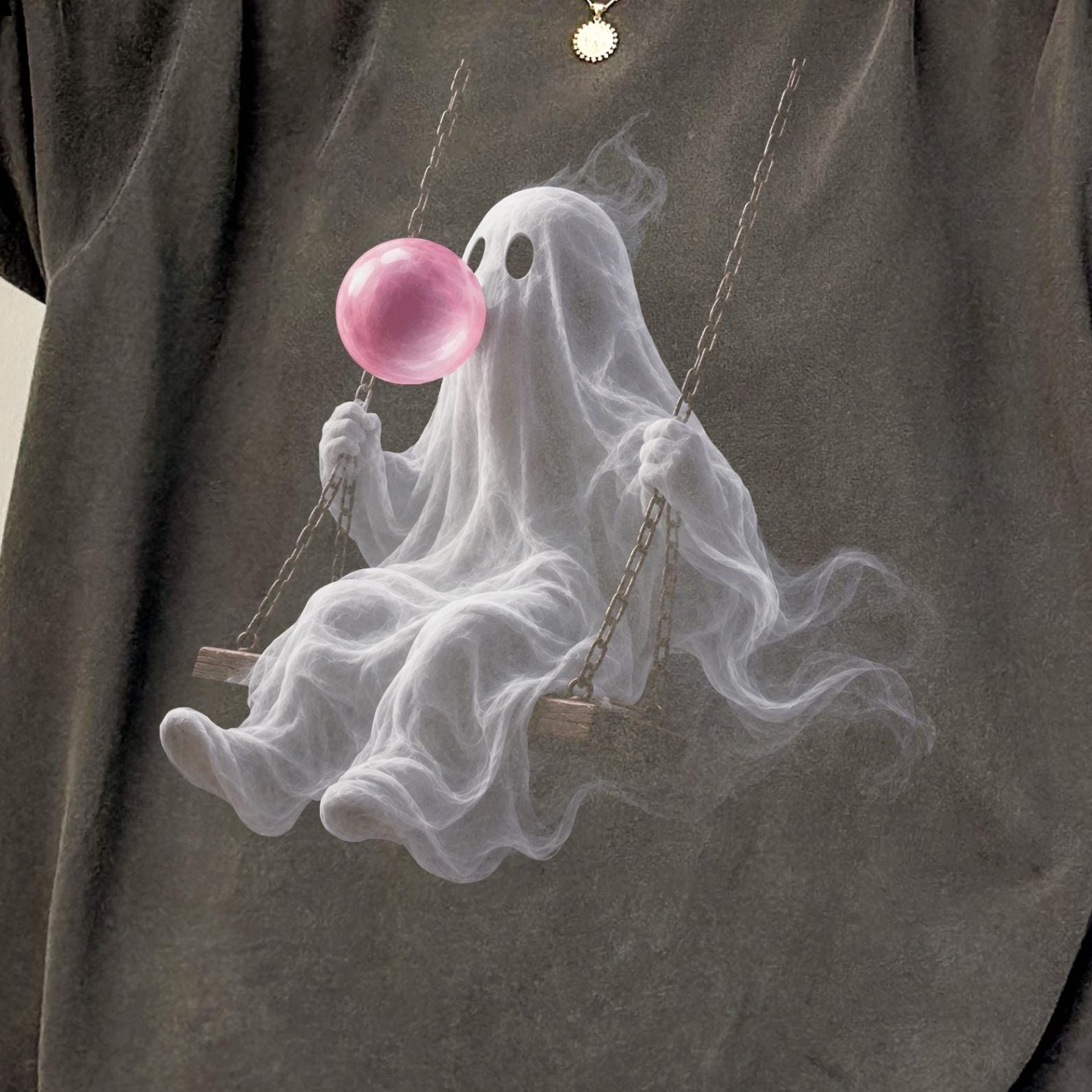 Ghost Swinging T Shirt Pink Bubble Halloween Tee Cute Spooky Ghost Shirt For Women 2jpg