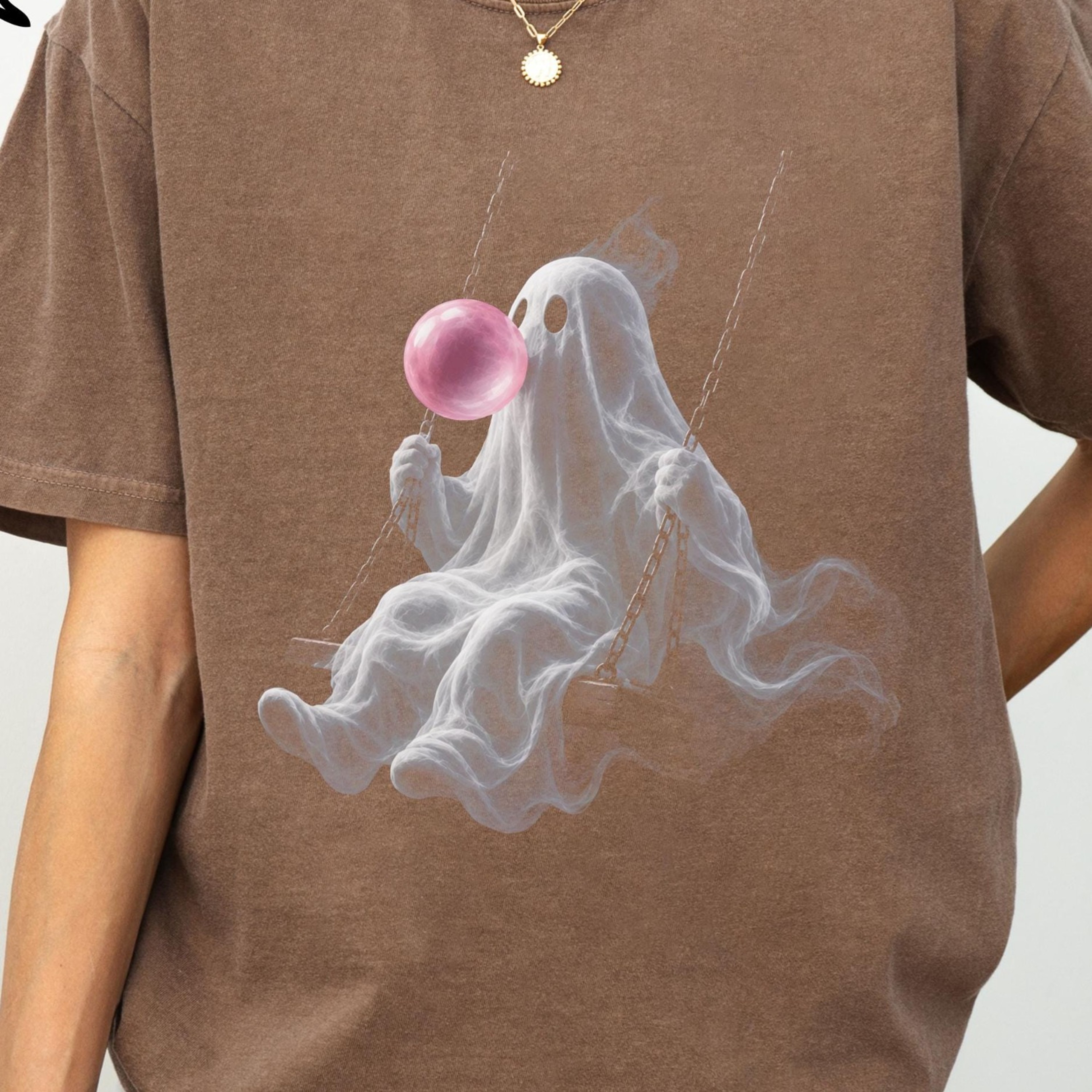 Ghost Swinging T Shirt Pink Bubble Halloween Tee Cute Spooky Ghost Shirt For Women 3jpg