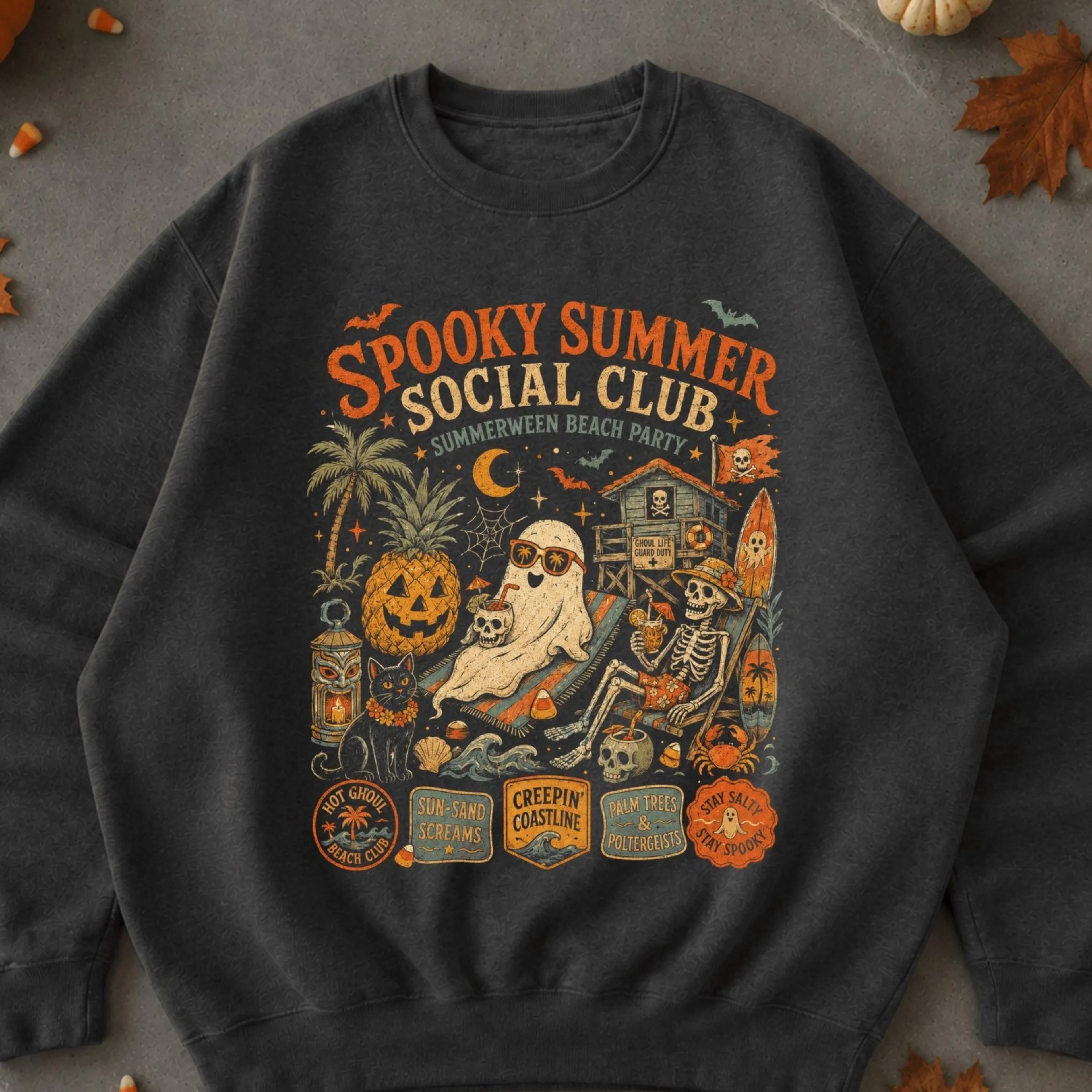 Spooky Summer Social Club Shirt Summerween Halloween Tshirt Ghost Skeleton Pumpkin Beach Tee Retro  